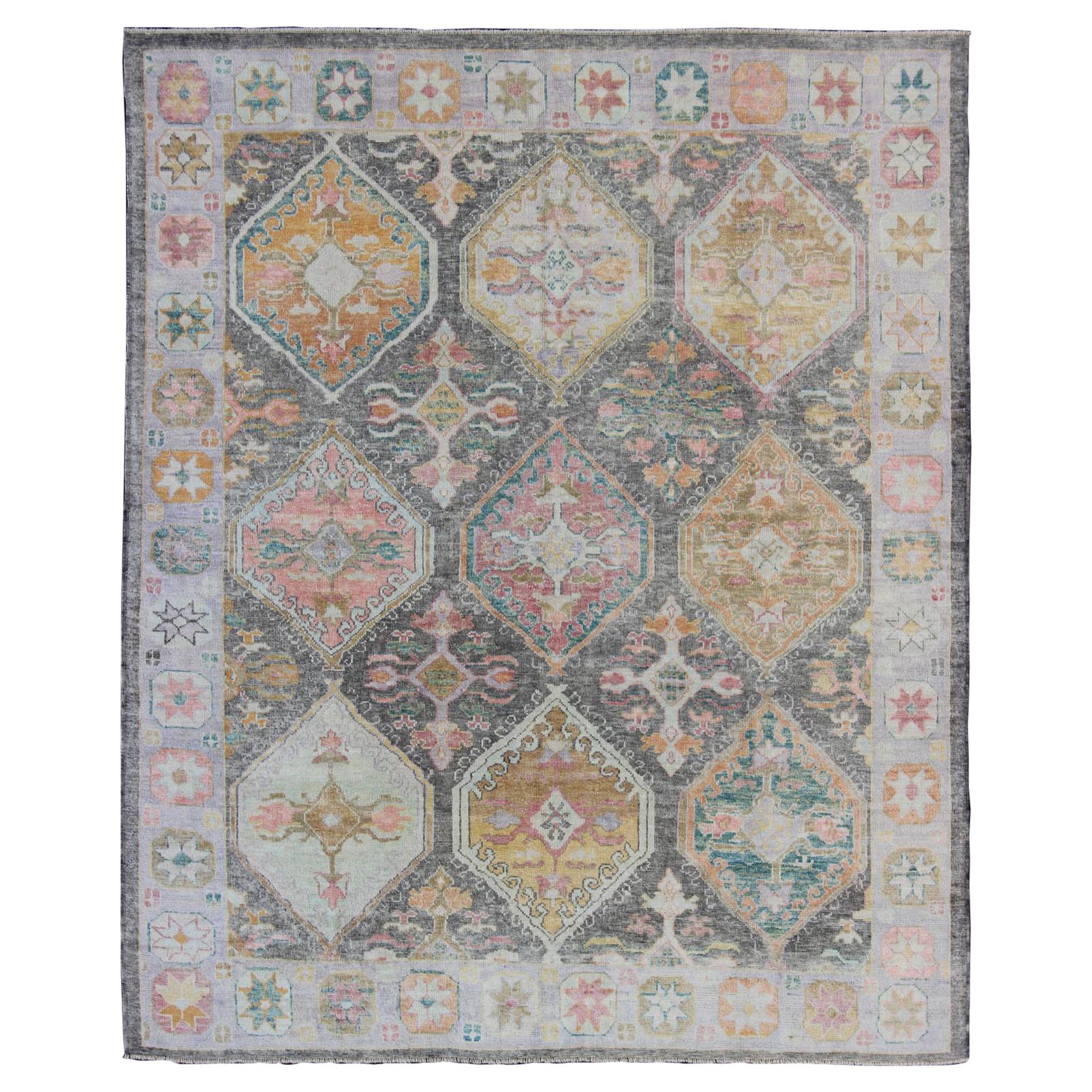 Tribal Design Turkish Oushak Rug with Large Medallions in Gray and Multi Colors