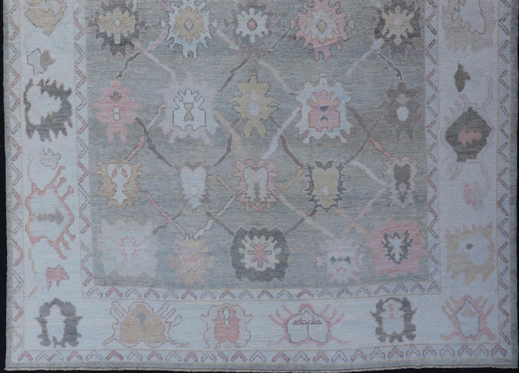 Tribal Design Turkish Oushak Rug with Medallions in Light Green and Multi Colors In New Condition For Sale In Atlanta, GA
