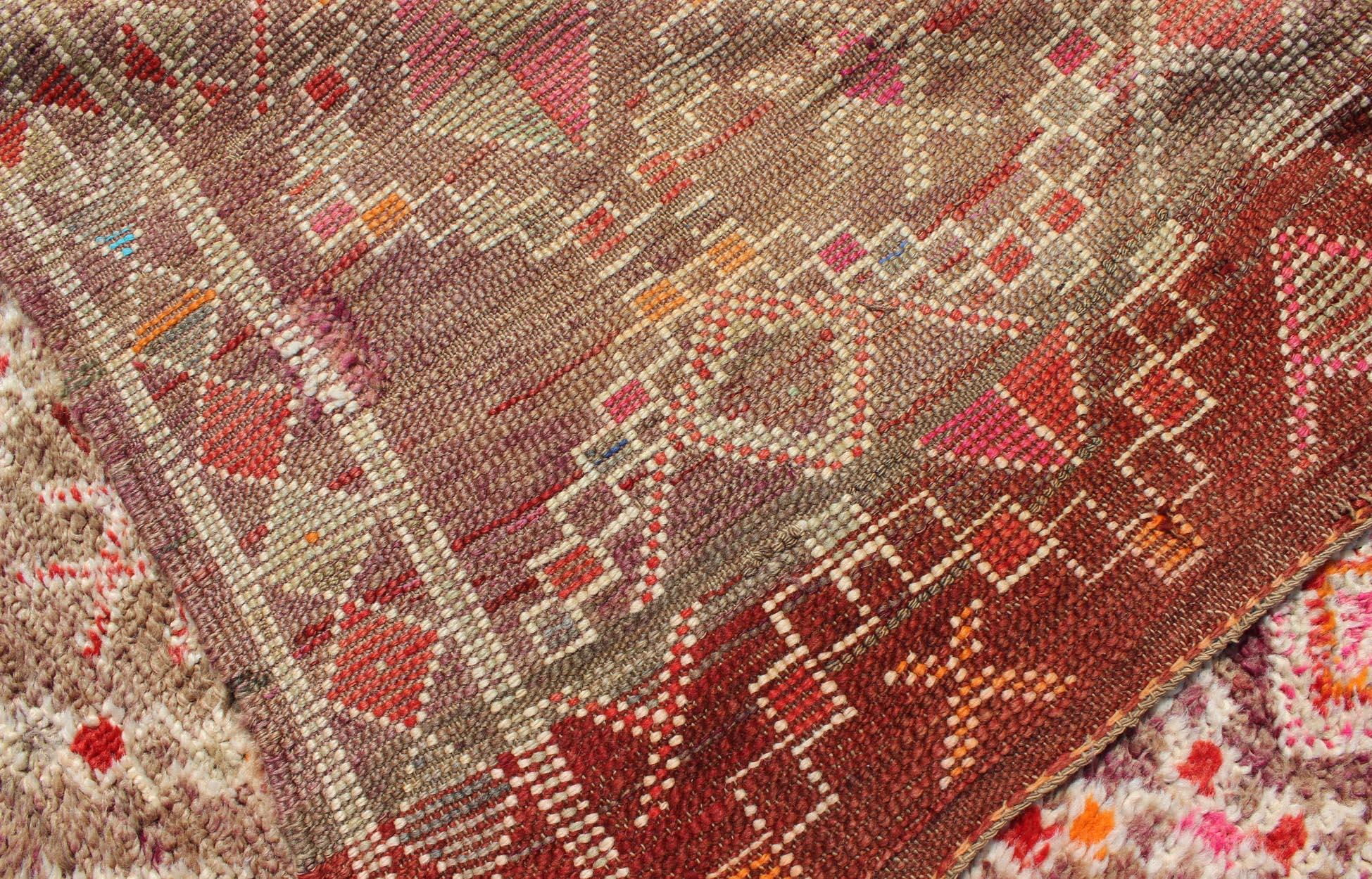 Tribal Design Vintage Moroccan Rug in Orange, Red, Green, and Lt Brown For Sale 5