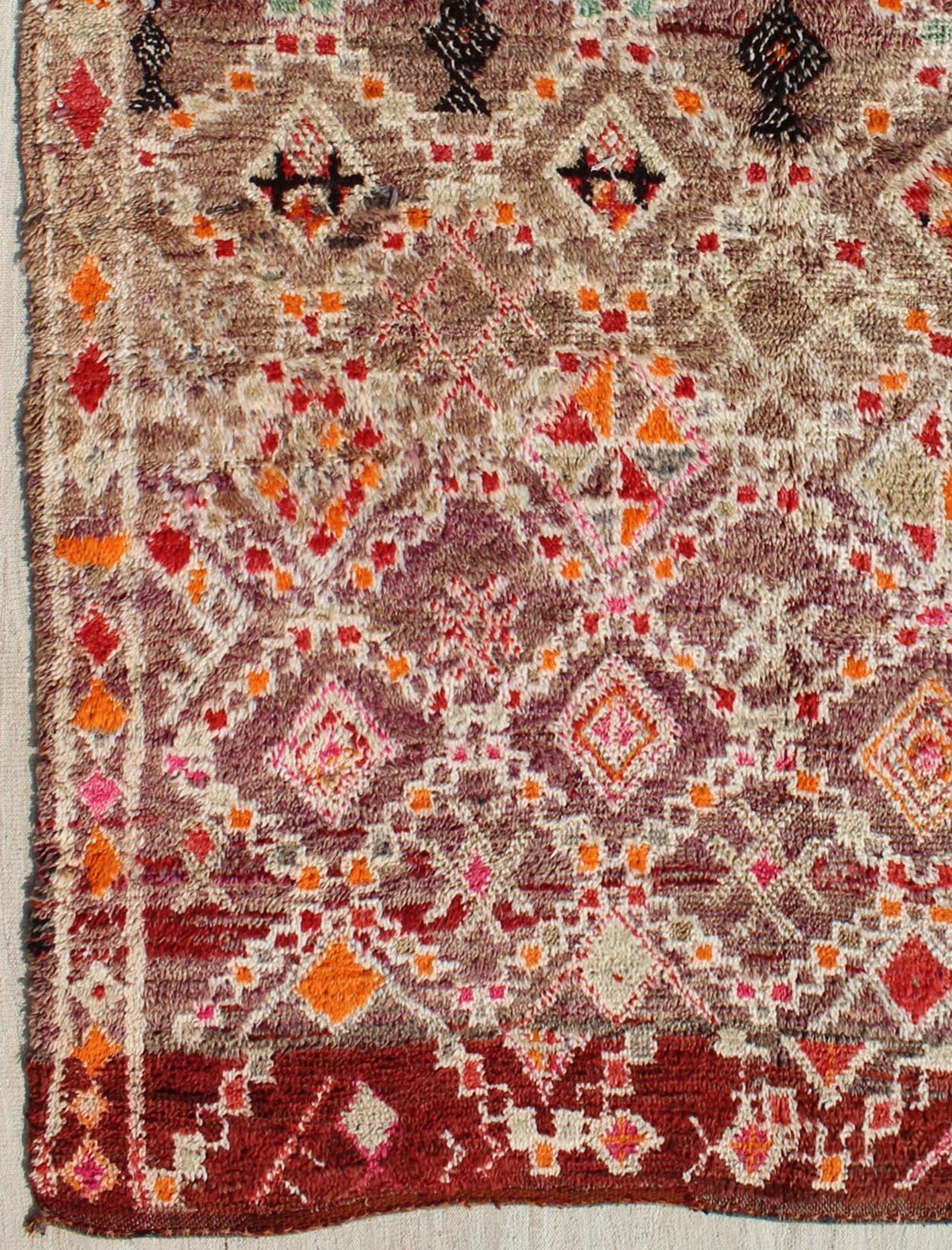 Hand-Knotted Tribal Design Vintage Moroccan Rug in Orange, Red, Green, and Lt Brown For Sale