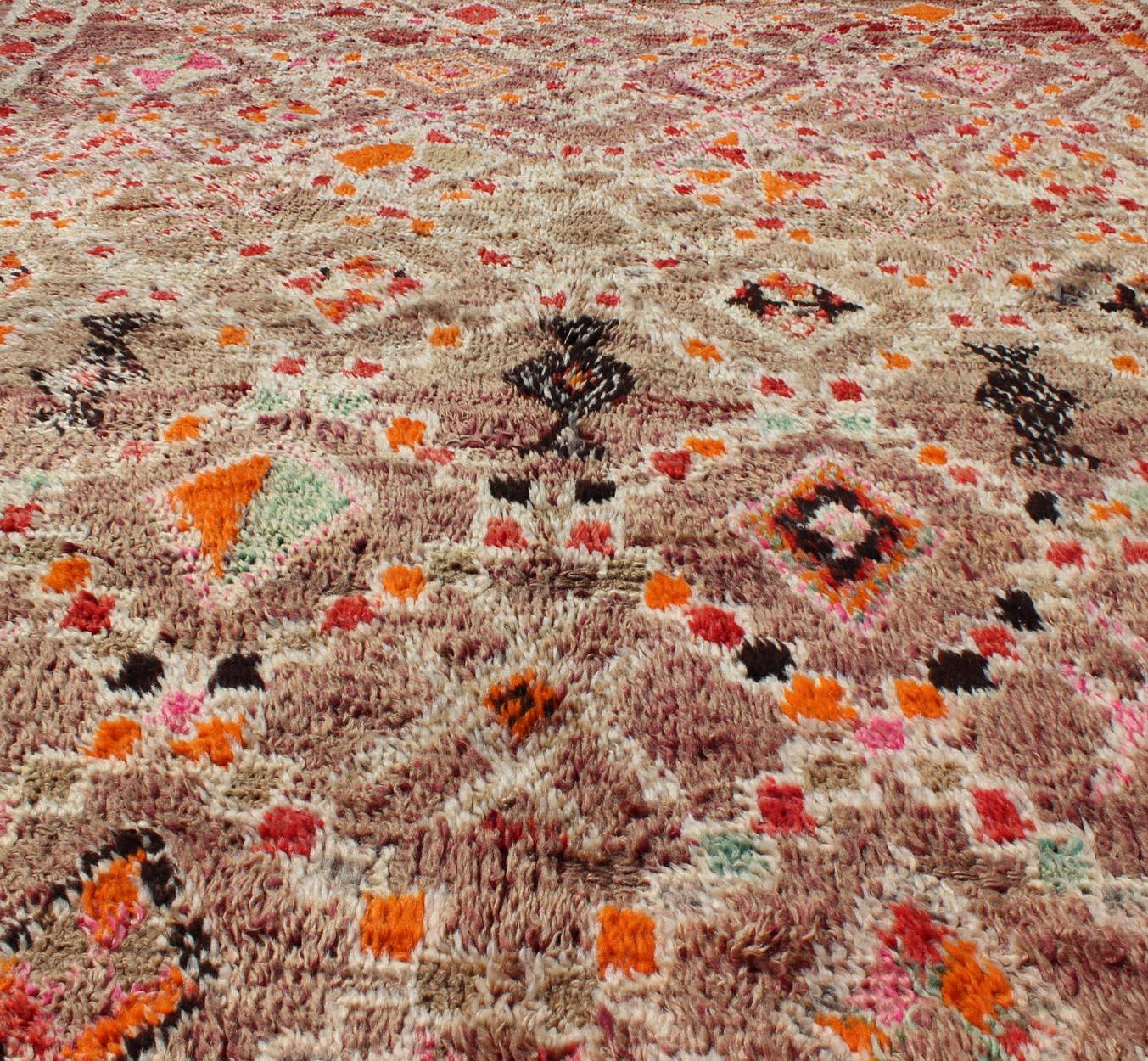 20th Century Tribal Design Vintage Moroccan Rug in Orange, Red, Green, and Lt Brown For Sale
