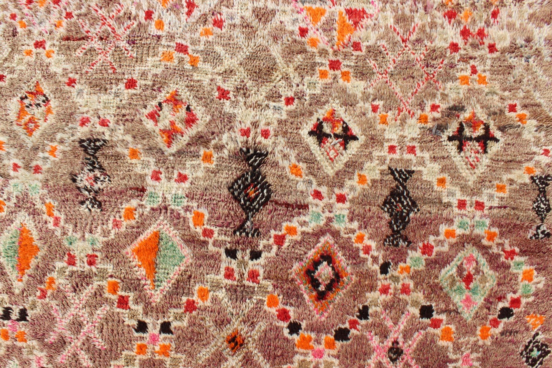 Wool Tribal Design Vintage Moroccan Rug in Orange, Red, Green, and Lt Brown For Sale