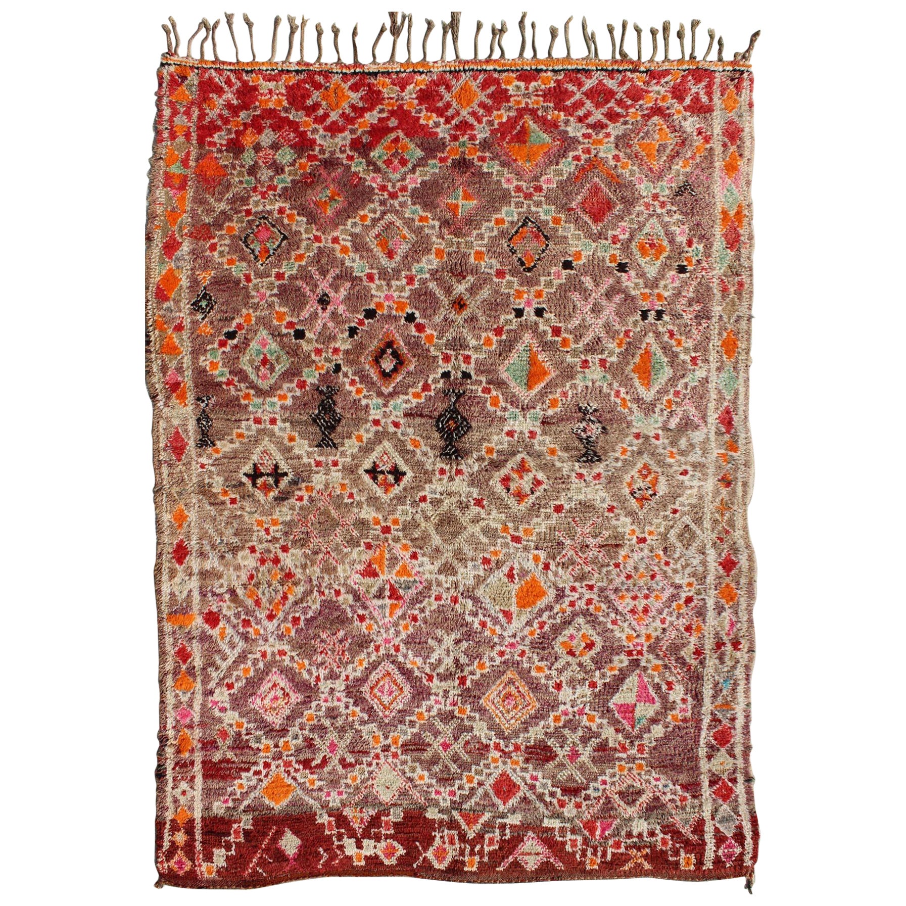 Tribal Design Vintage Moroccan Rug in Orange, Red, Green, and Lt Brown