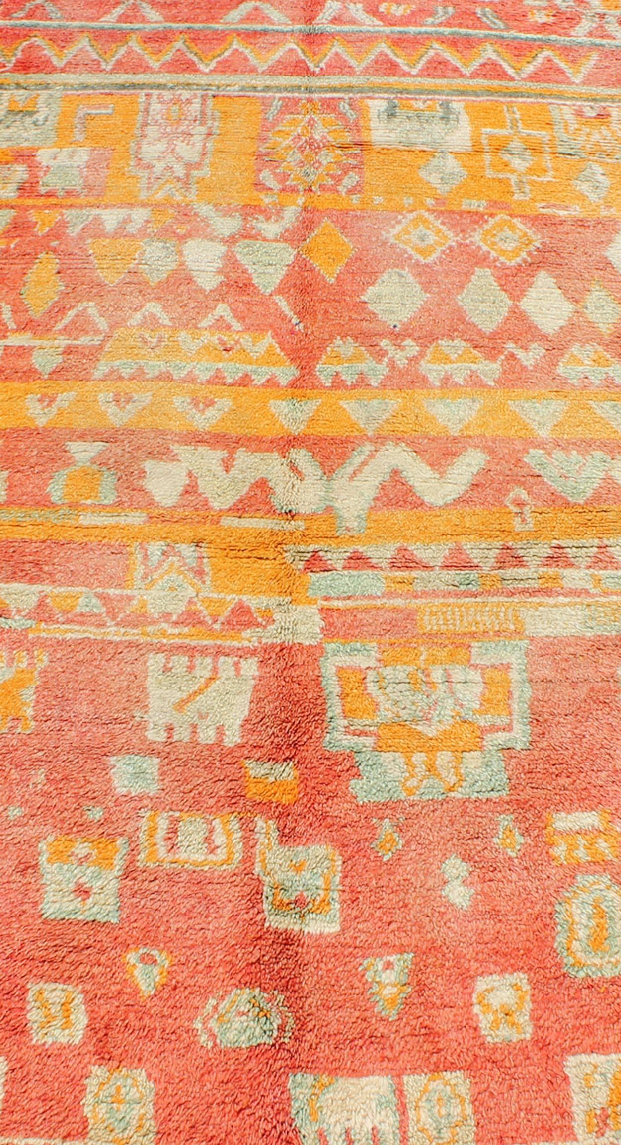 Tribal Design Vintage Moroccan Rug in Orange, Red, Mint Green and Ivory For Sale 4