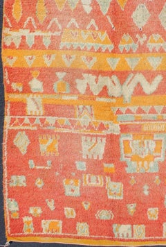 Tribal Design Vintage Moroccan Rug in Orange, Red, Mint Green and Ivory