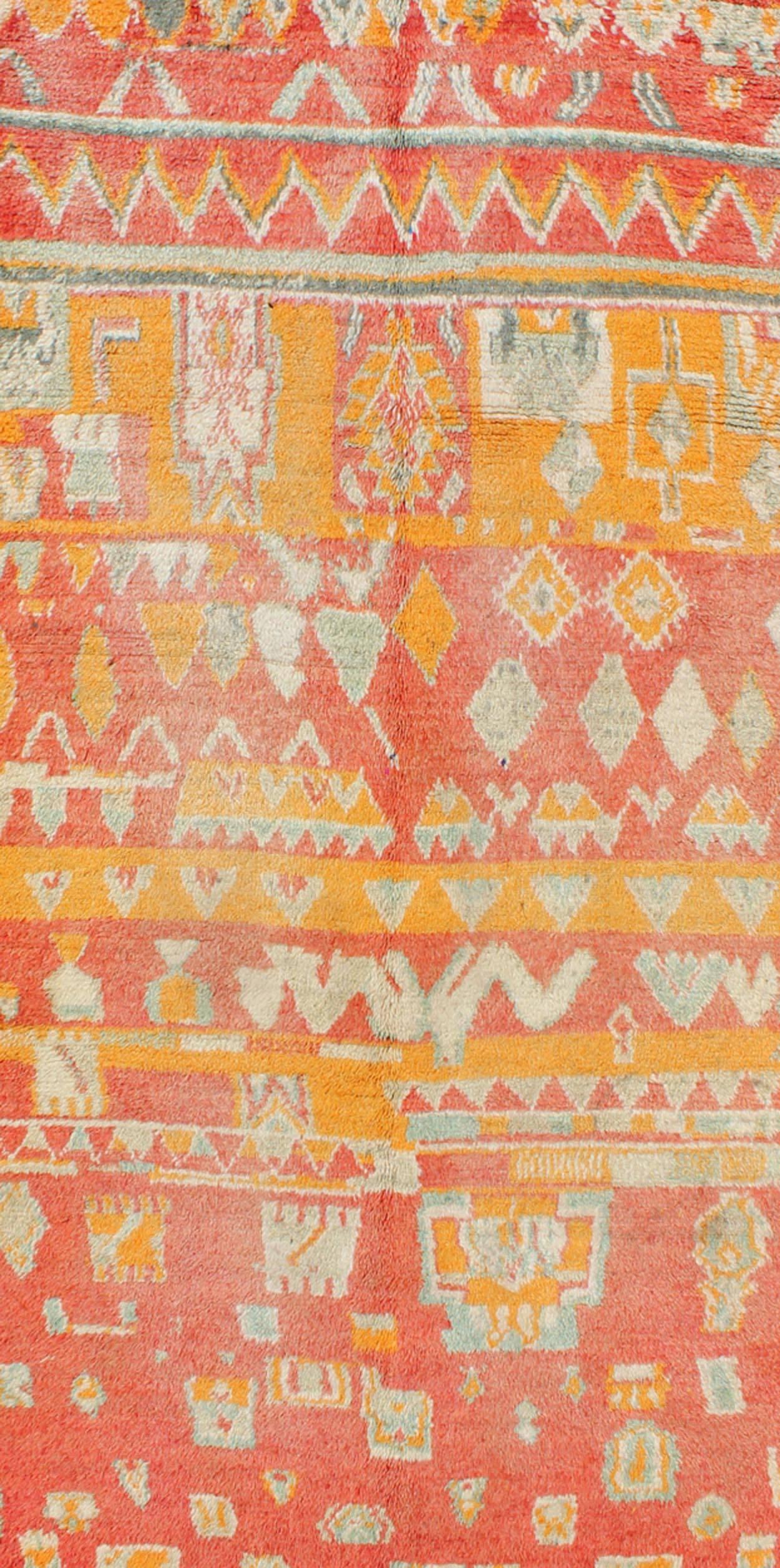 Hand-Knotted Tribal Design Vintage Moroccan Rug in Orange, Red, Mint Green and Ivory For Sale