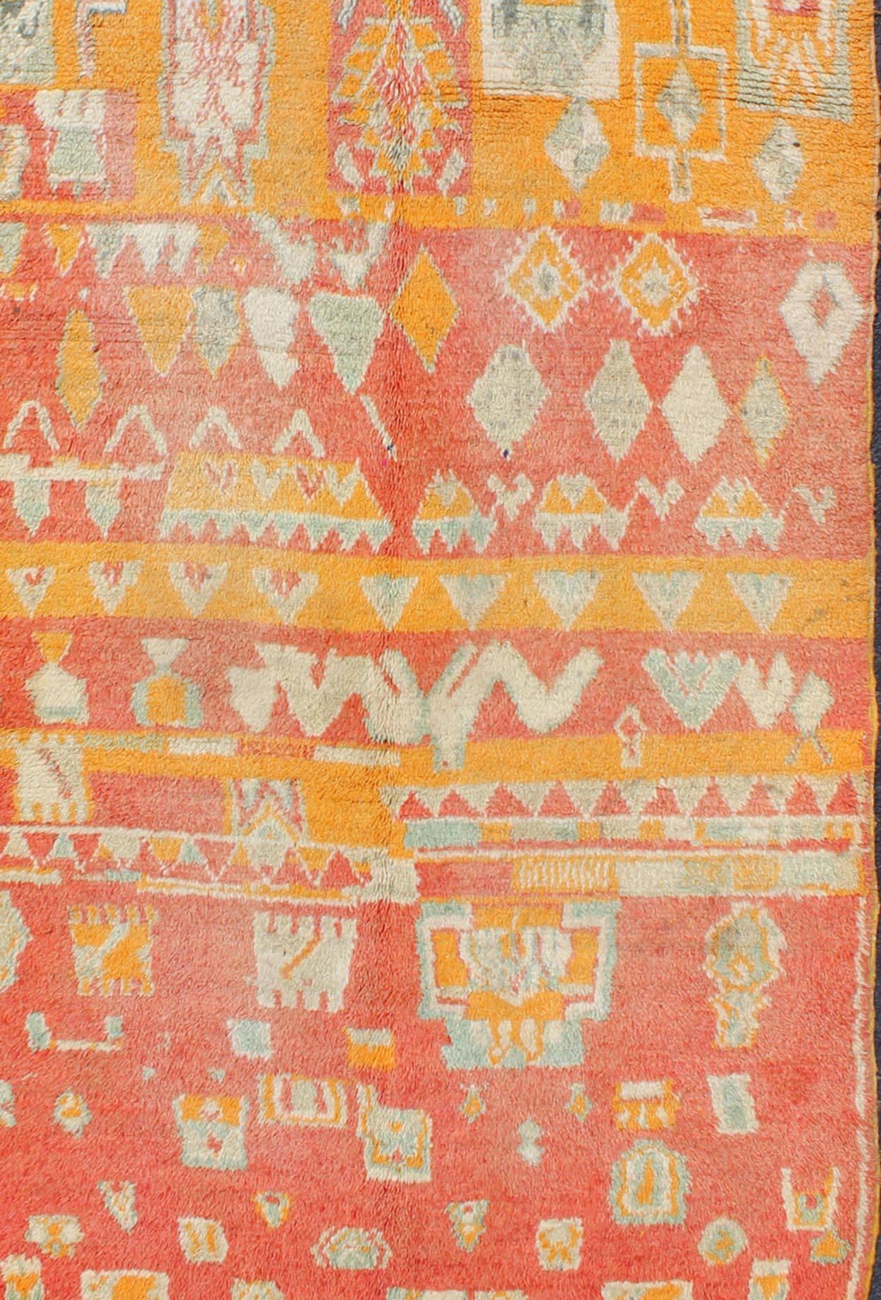 Tribal Design Vintage Moroccan Rug in Orange, Red, Mint Green and Ivory In Good Condition For Sale In Atlanta, GA