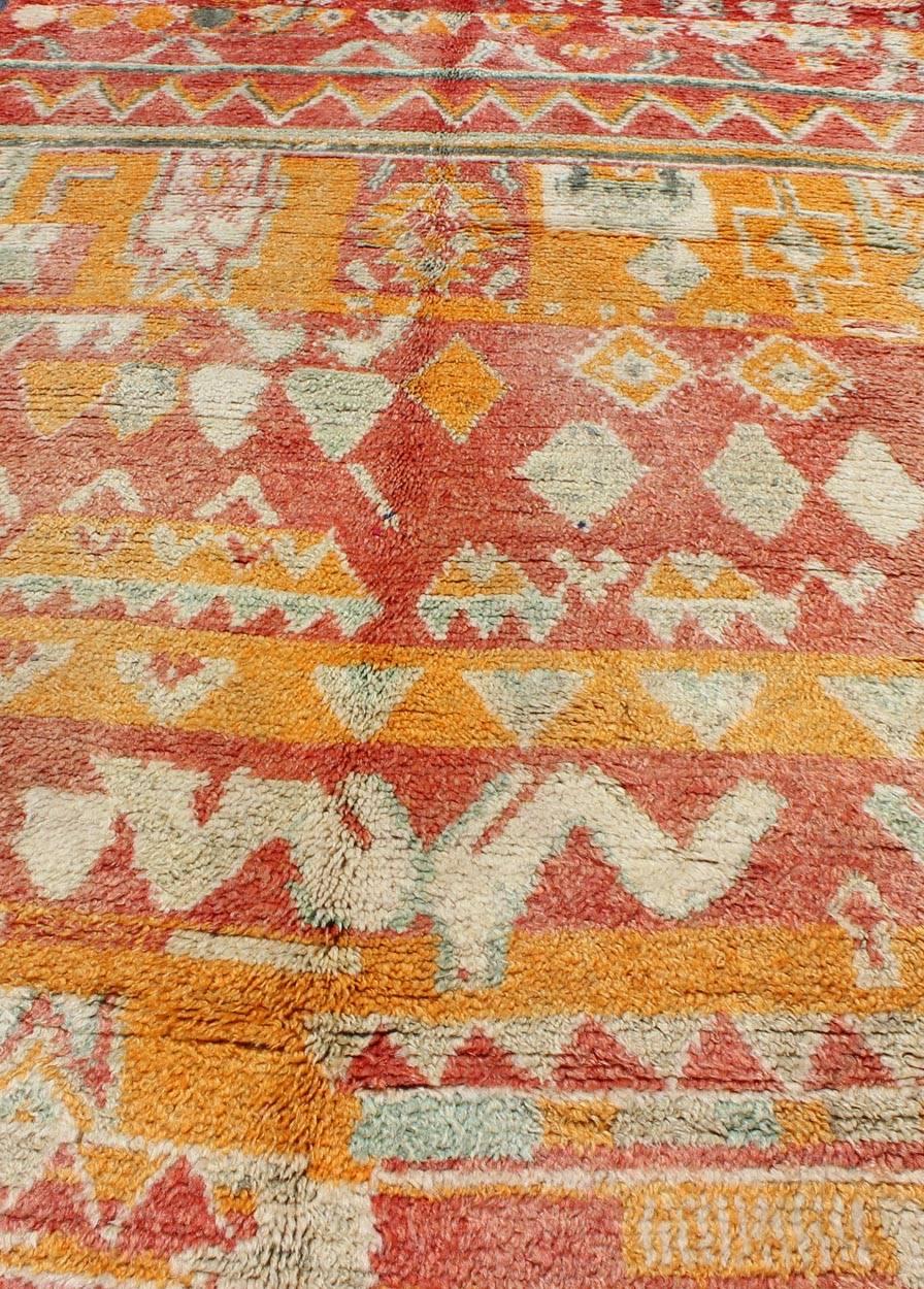 20th Century Tribal Design Vintage Moroccan Rug in Orange, Red, Mint Green and Ivory For Sale