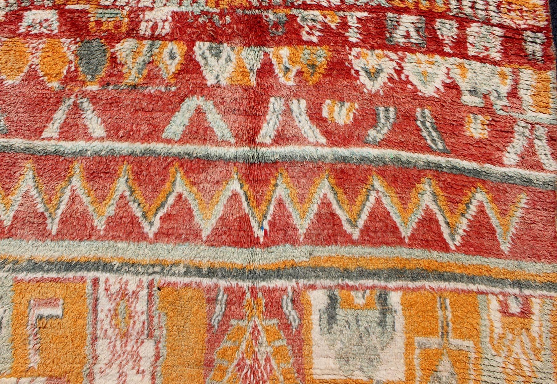 Wool Tribal Design Vintage Moroccan Rug in Orange, Red, Mint Green and Ivory For Sale
