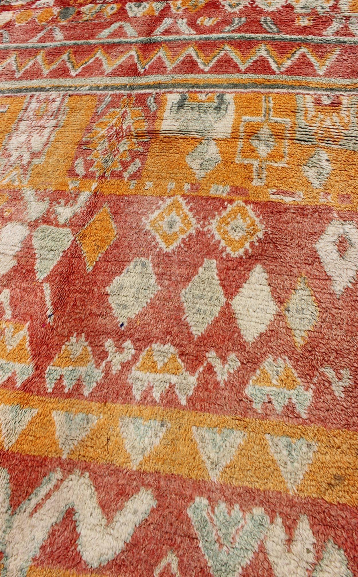 Tribal Design Vintage Moroccan Rug in Orange, Red, Mint Green and Ivory For Sale 3