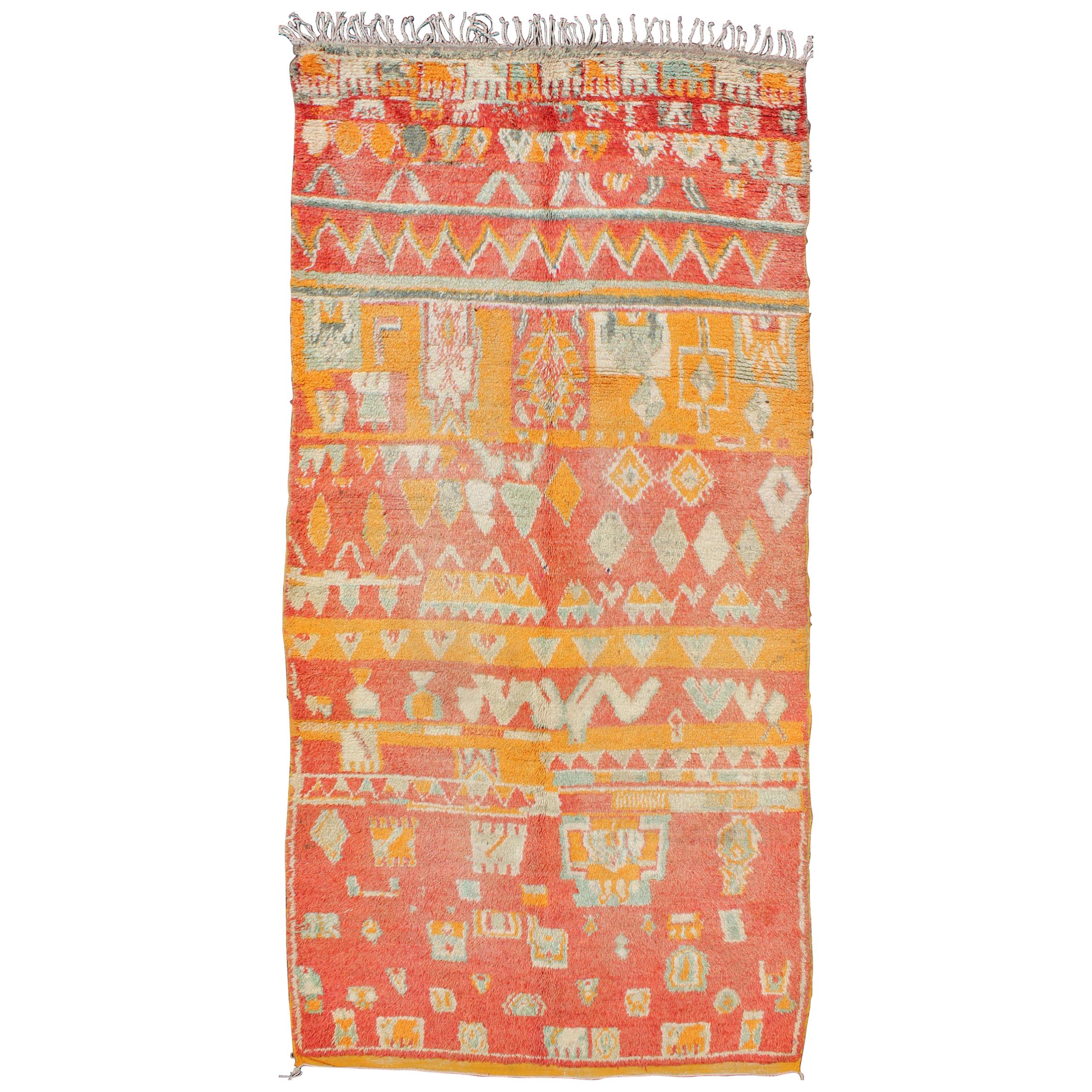Tribal Design Vintage Moroccan Rug in Orange, Red, Mint Green and Ivory