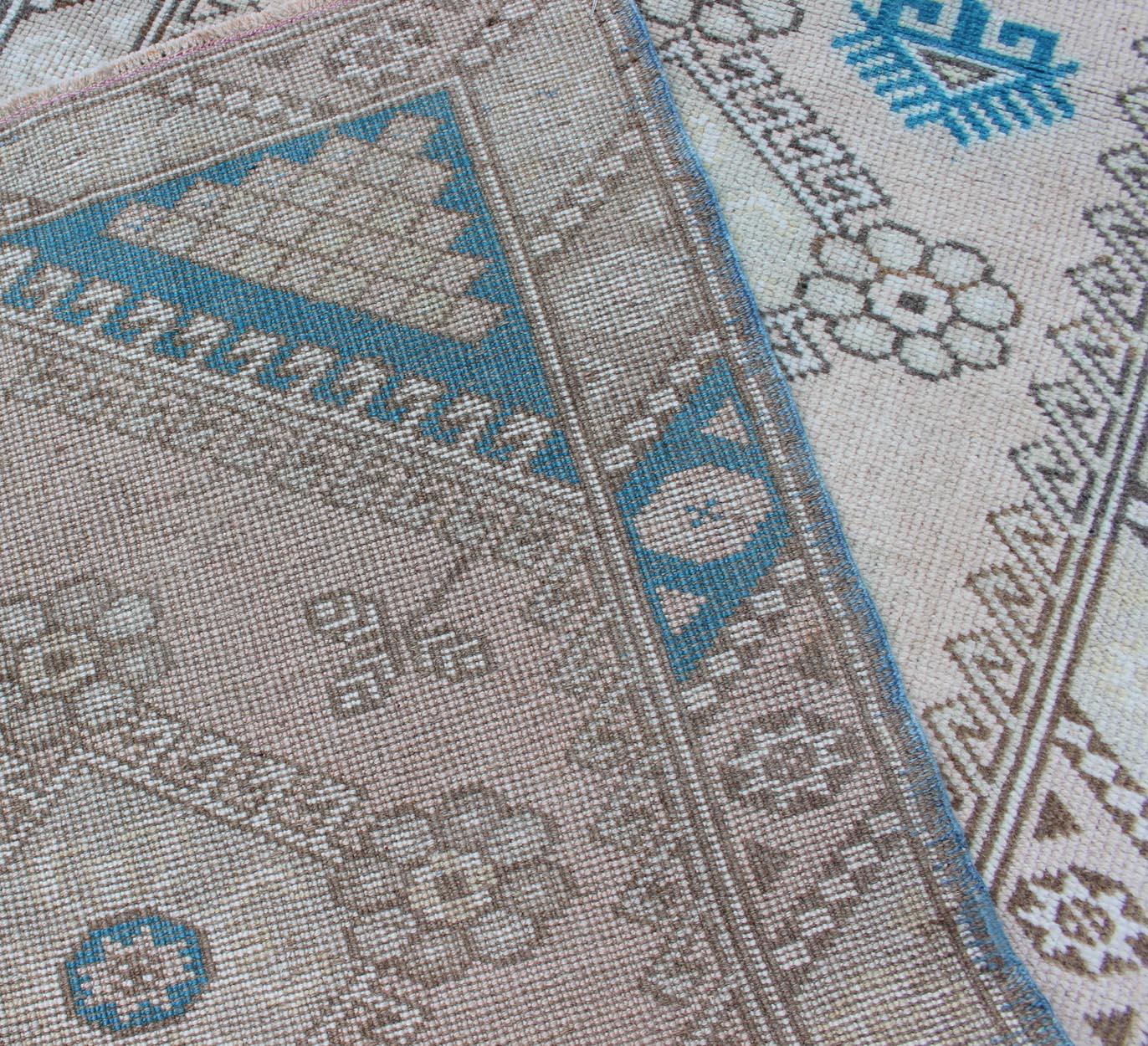 Tribal Design Vintage Turkish Oushak Runner with Blue, Teal, Taupe and Cream 4