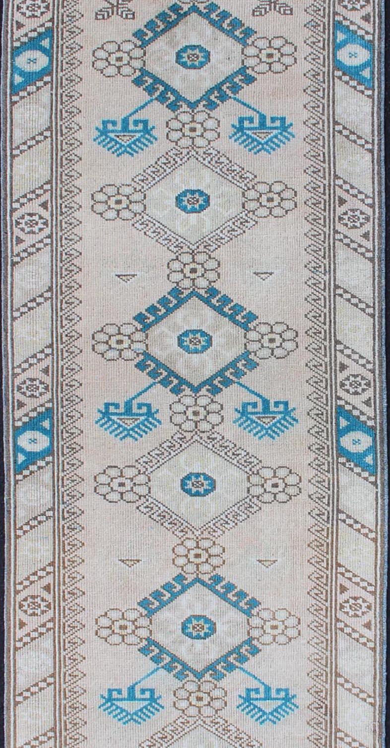 Hand-Knotted Tribal Design Vintage Turkish Oushak Runner with Blue, Teal, Taupe and Cream