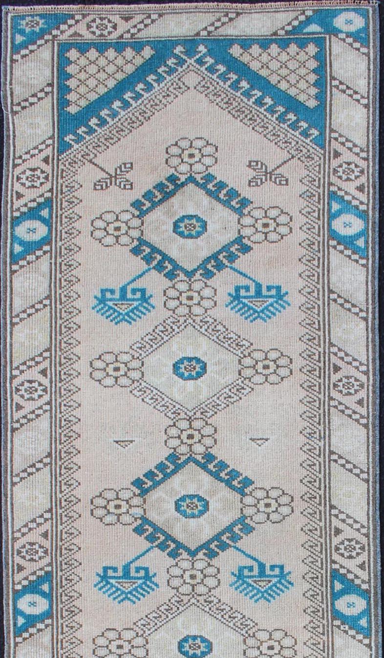 Tribal Design Vintage Turkish Oushak Runner with Blue, Teal, Taupe and Cream In Good Condition In Atlanta, GA