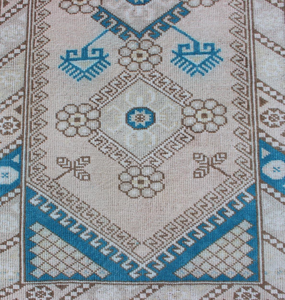 Wool Tribal Design Vintage Turkish Oushak Runner with Blue, Teal, Taupe and Cream
