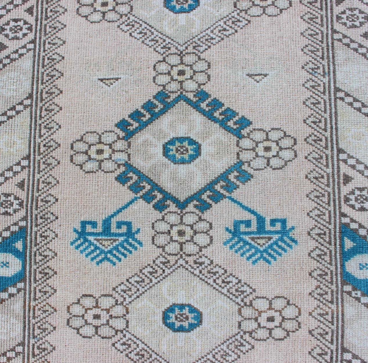 Tribal Design Vintage Turkish Oushak Runner with Blue, Teal, Taupe and Cream 1