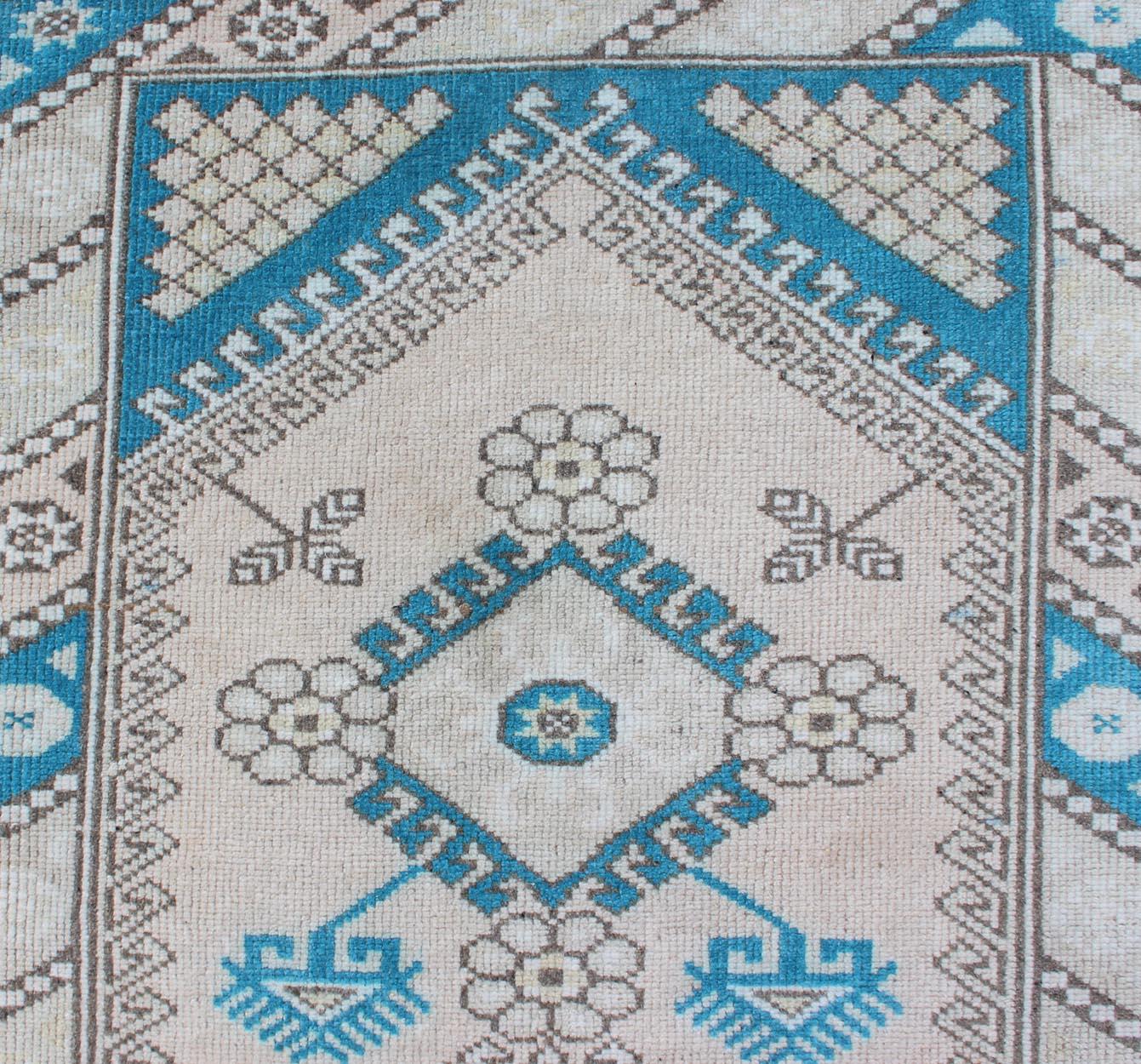 Tribal Design Vintage Turkish Oushak Runner with Blue, Teal, Taupe and Cream 2