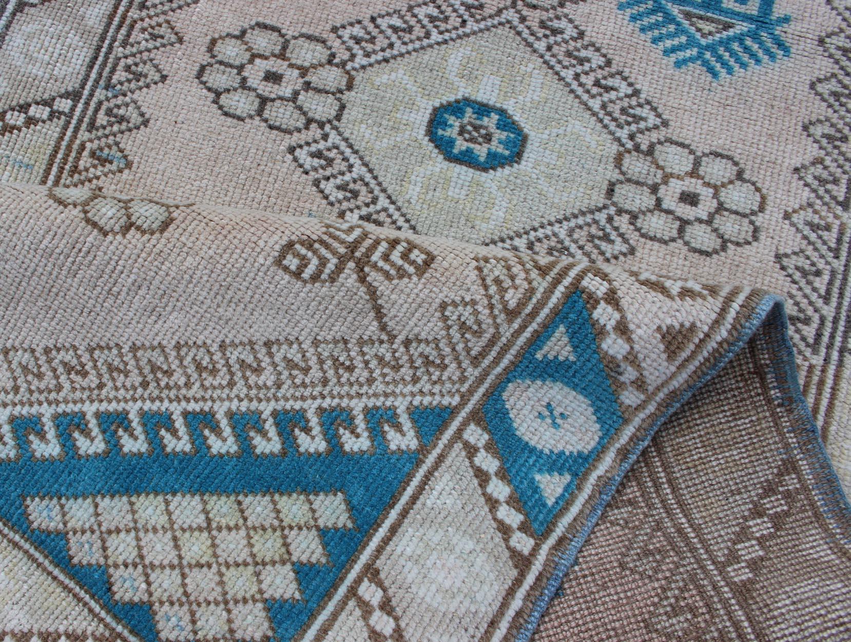 Tribal Design Vintage Turkish Oushak Runner with Blue, Teal, Taupe and Cream 3