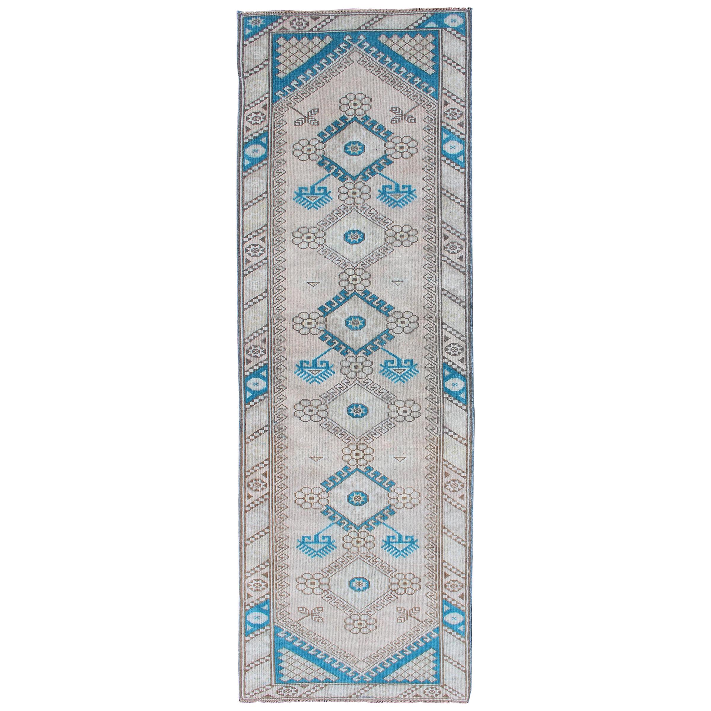 Tribal Design Vintage Turkish Oushak Runner with Blue, Teal, Taupe and Cream