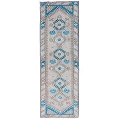 Tribal Design Vintage Turkish Oushak Runner with Blue, Teal, Taupe and Cream