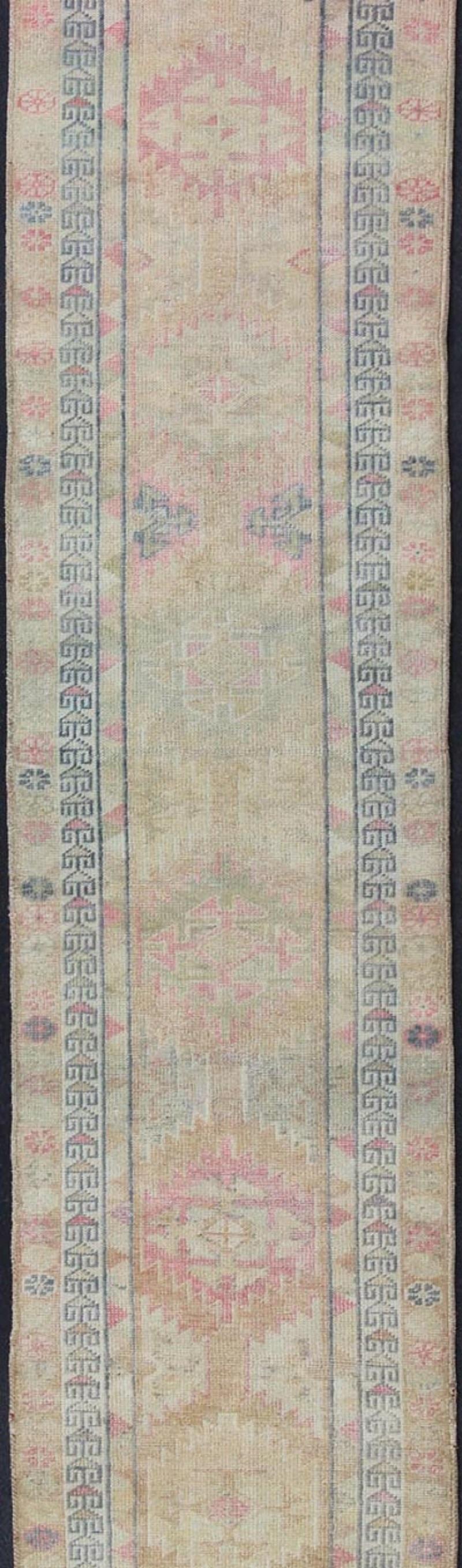 Oushak Tribal Design Vintage Turkish Runner in Light Pink, Sapphire Blue & Muted Tones For Sale