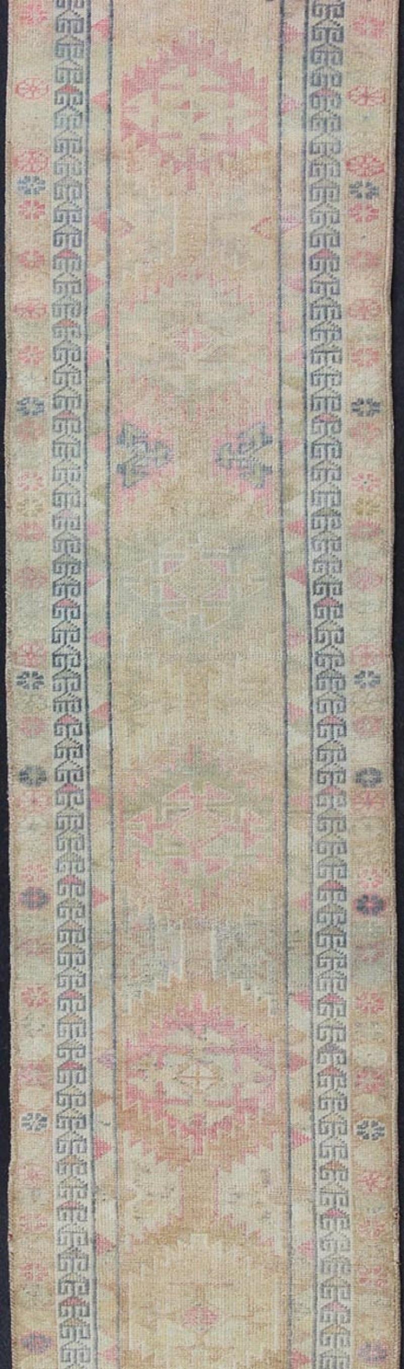 Oushak Tribal Design Vintage Turkish Runner in Light Pink, Sapphire Blue & Muted Tones For Sale