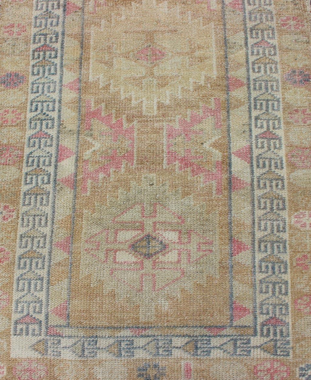 Tribal Design Vintage Turkish Runner in Light Pink, Sapphire Blue & Muted Tones For Sale 1