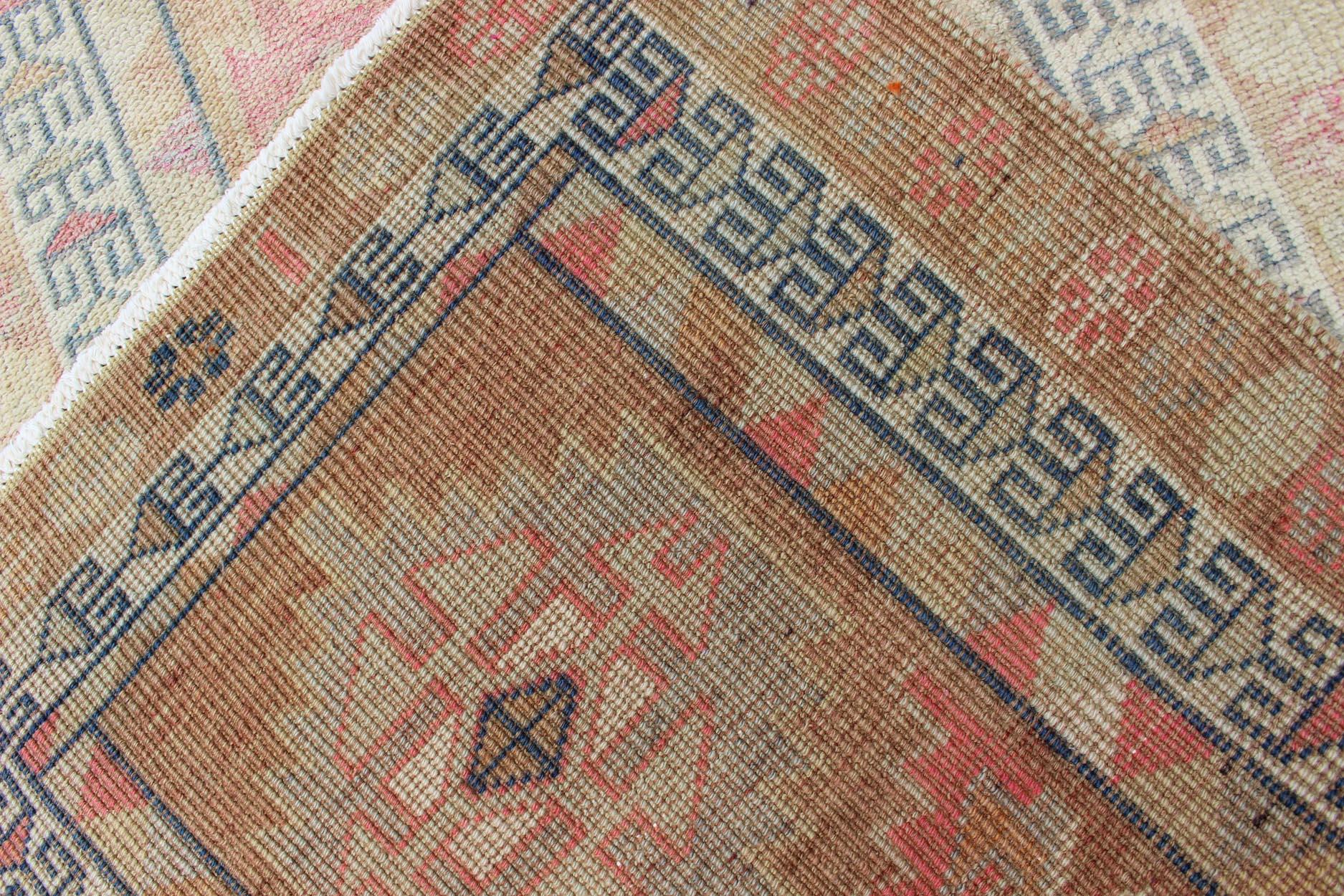 Tribal Design Vintage Turkish Runner in Light Pink, Sapphire Blue & Muted Tones For Sale 2