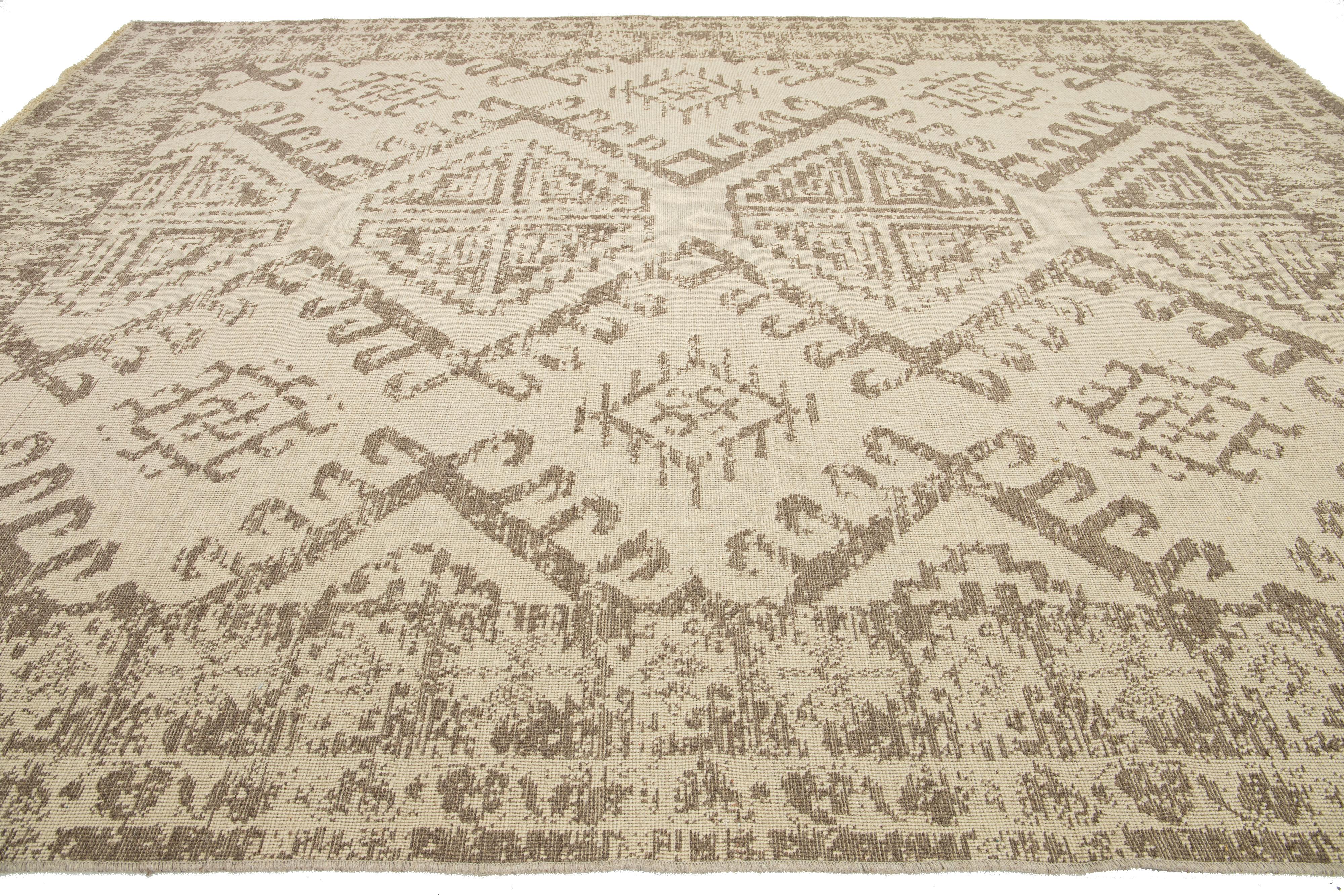 Contemporary Tribal Designed Modern Hand Loom Wool Rug In Beige For Sale