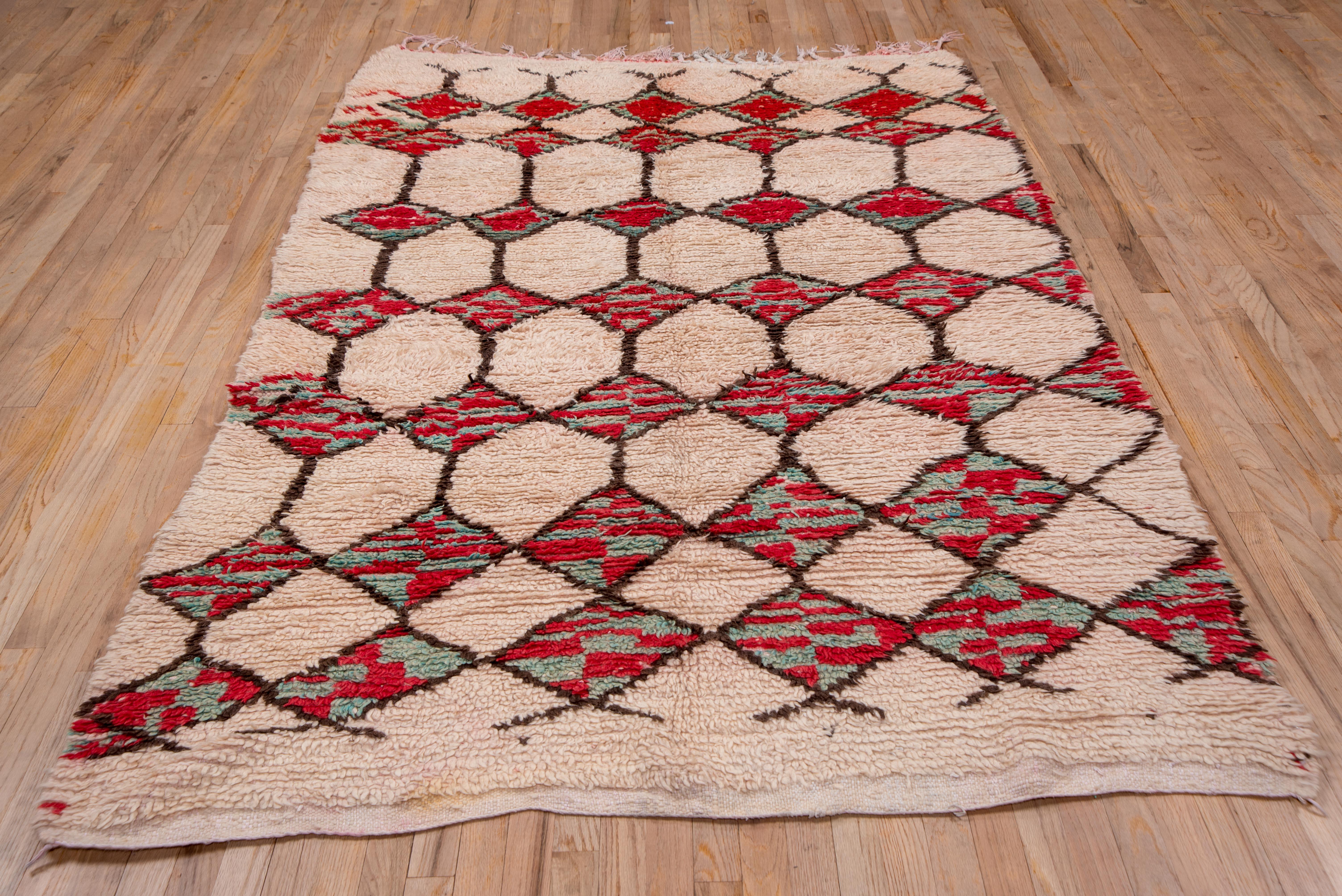 Tribal Diamond Allover Red Ivory Moroccan Rug For Sale 1