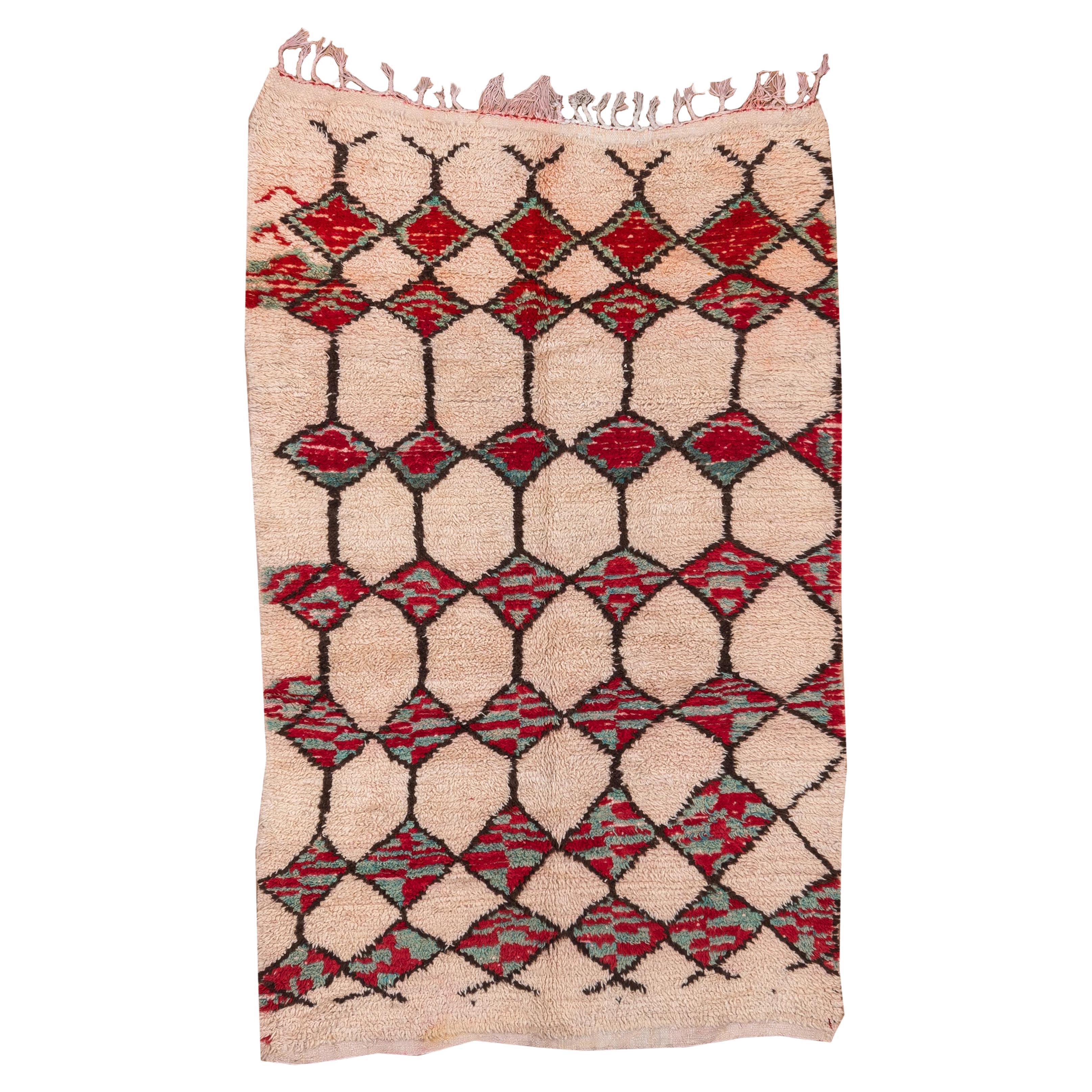 Tribal Diamond Allover Red Ivory Moroccan Rug For Sale
