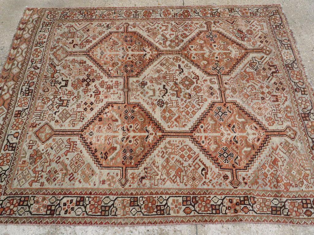 Wool Tribal Early 20th Century Handmade Persian Shiraz Accent Rug For Sale