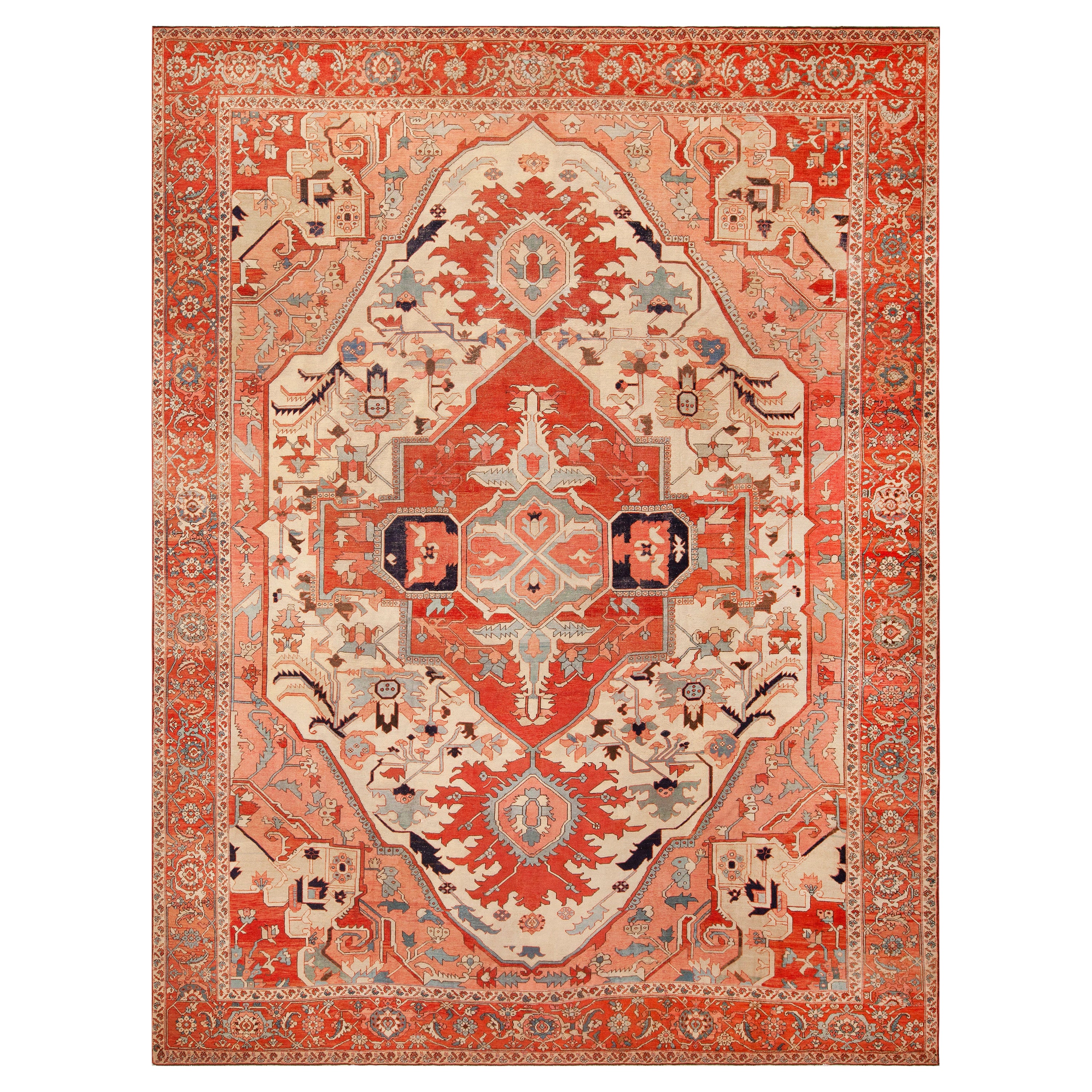 Tappeto Tribale Geometrico Medaglione ad Ancora Antico Persiano Heriz Serapi 11' x 14' in vendita