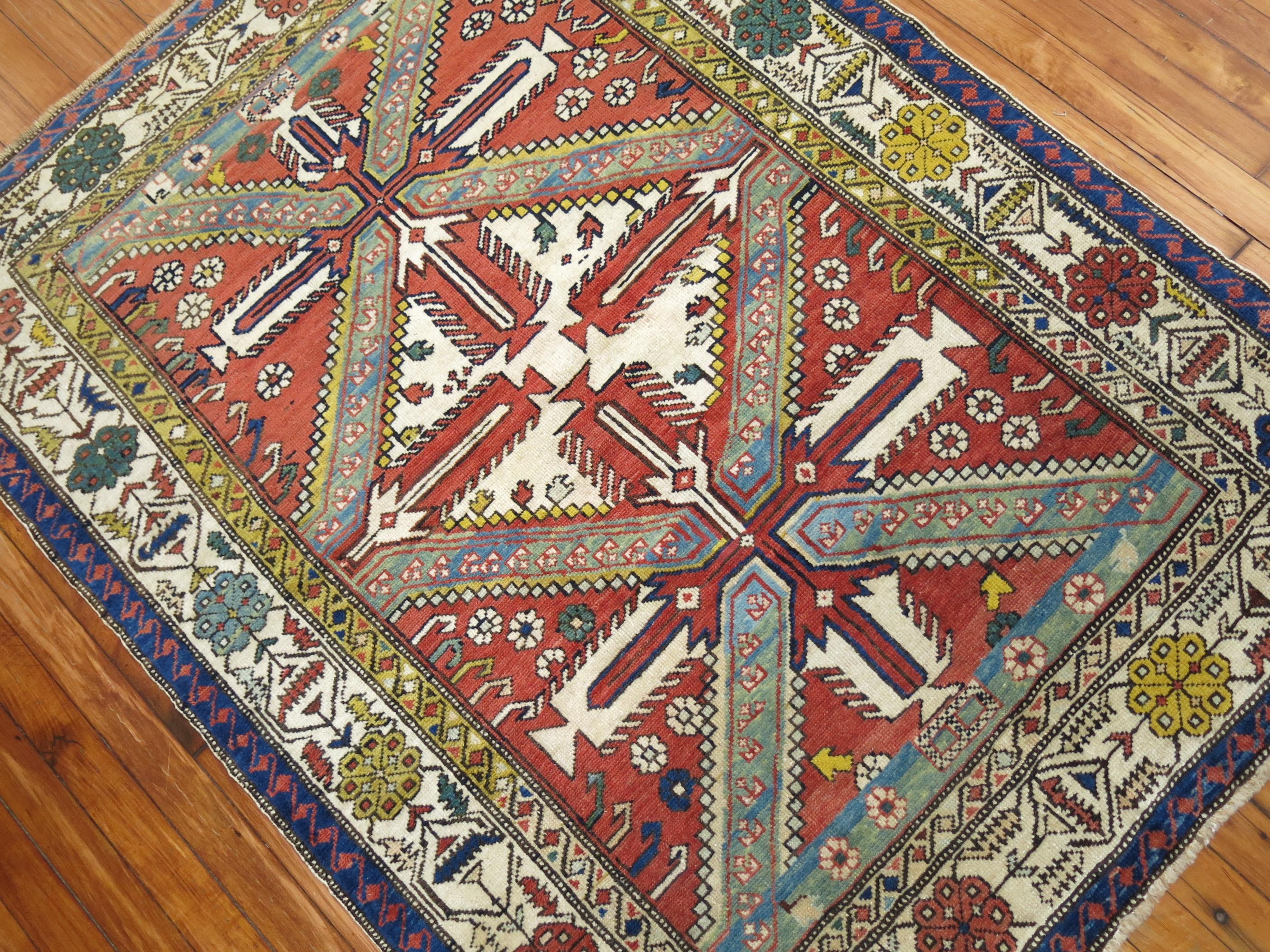 Kazak Tribal Geometric Antique Caucasian Shirvan Rug For Sale