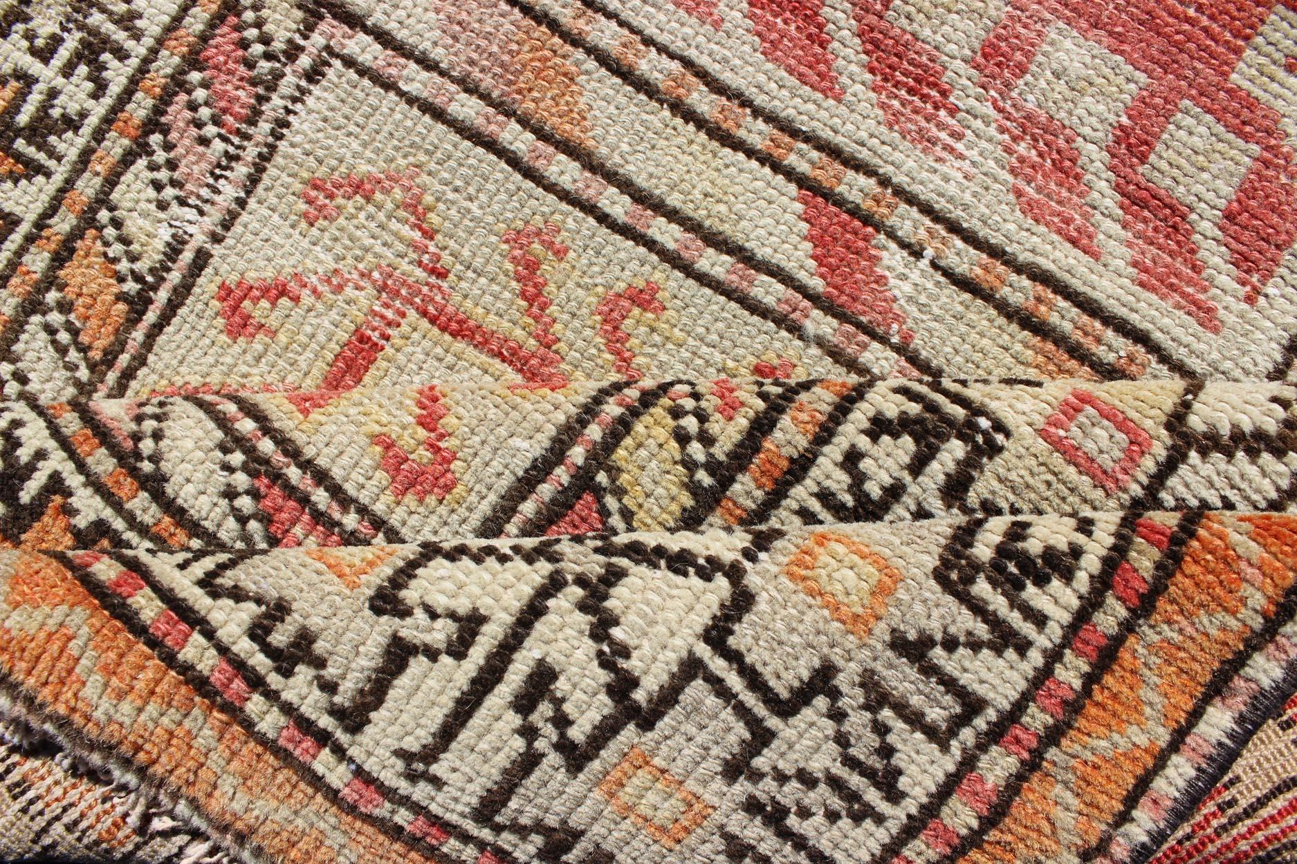 Hand-Knotted Tribal-Geometric Design Antique Turkish Oushak Rug in Burnt Orange and Brown For Sale