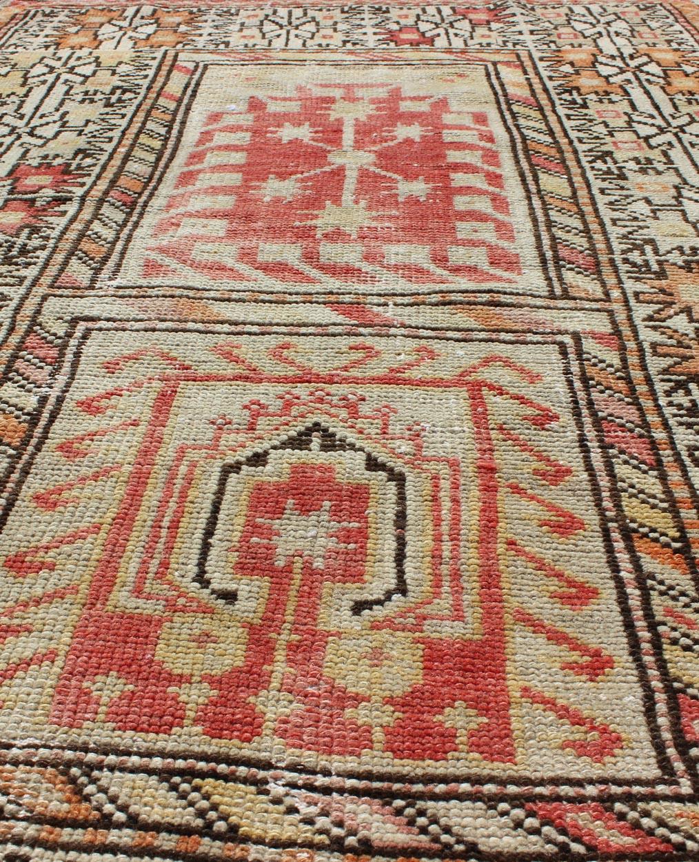 Tribal-Geometric Design Antique Turkish Oushak Rug in Burnt Orange and Brown In Excellent Condition For Sale In Atlanta, GA
