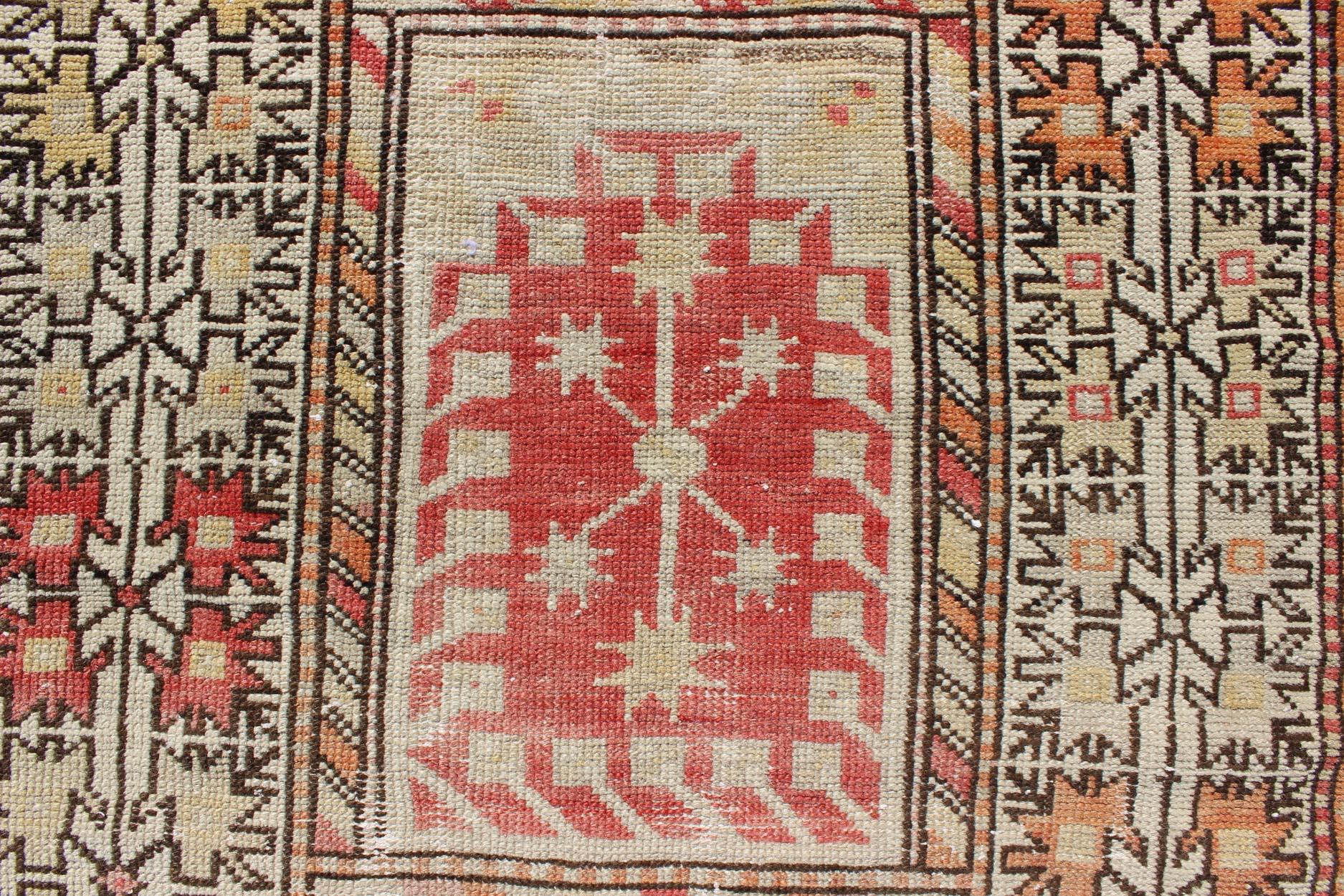 Wool Tribal-Geometric Design Antique Turkish Oushak Rug in Burnt Orange and Brown For Sale