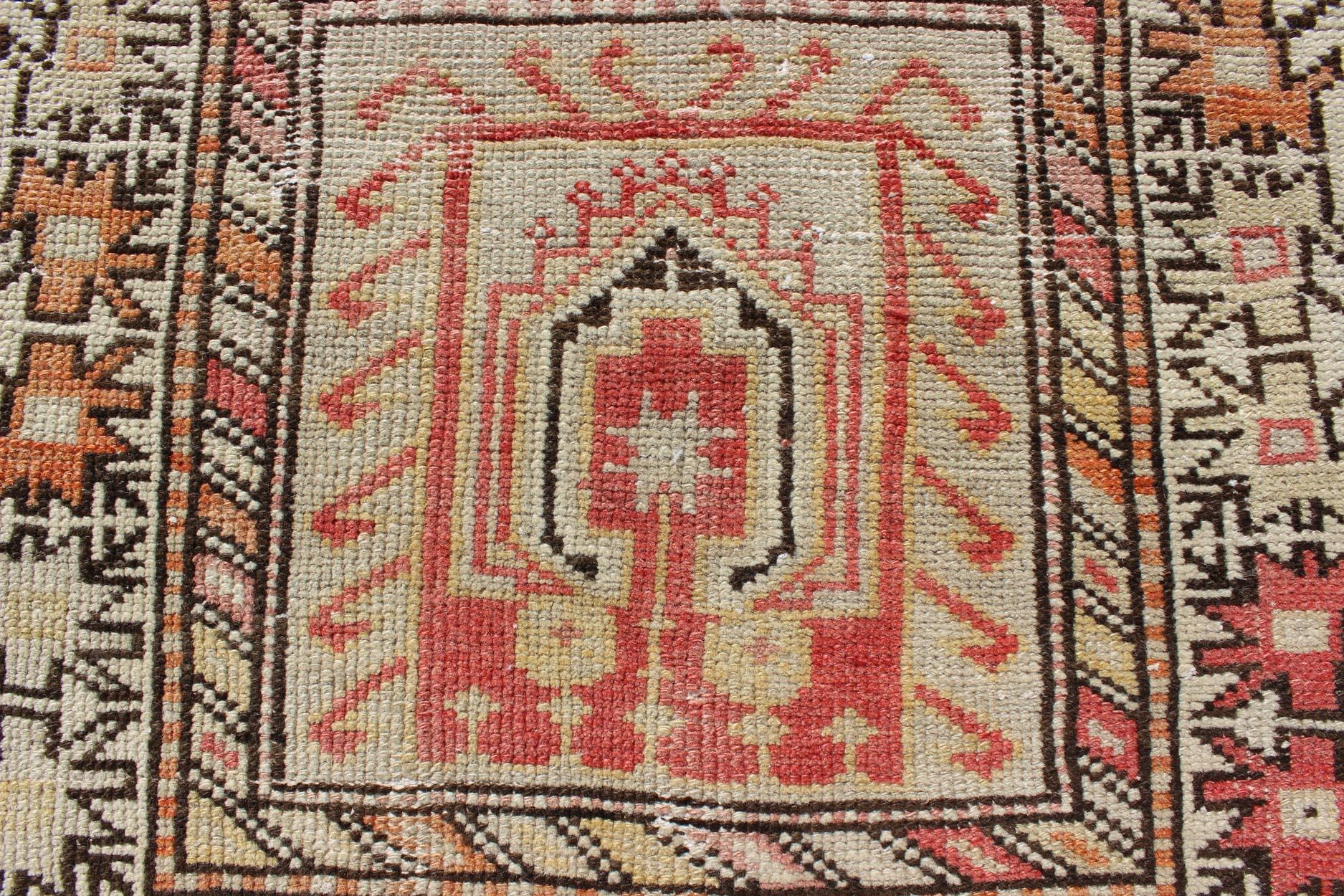 Tribal-Geometric Design Antique Turkish Oushak Rug in Burnt Orange and Brown For Sale 1