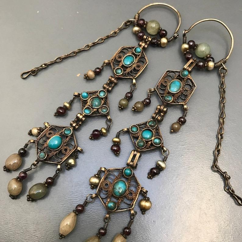 Anglo-Indian Tribal Gilt Silver gemstones Earrings Extra Long For Sale