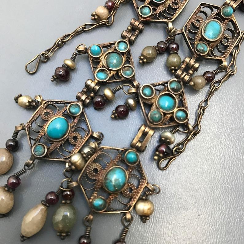 Tribal Gilt Silver gemstones Earrings Extra Long For Sale 1
