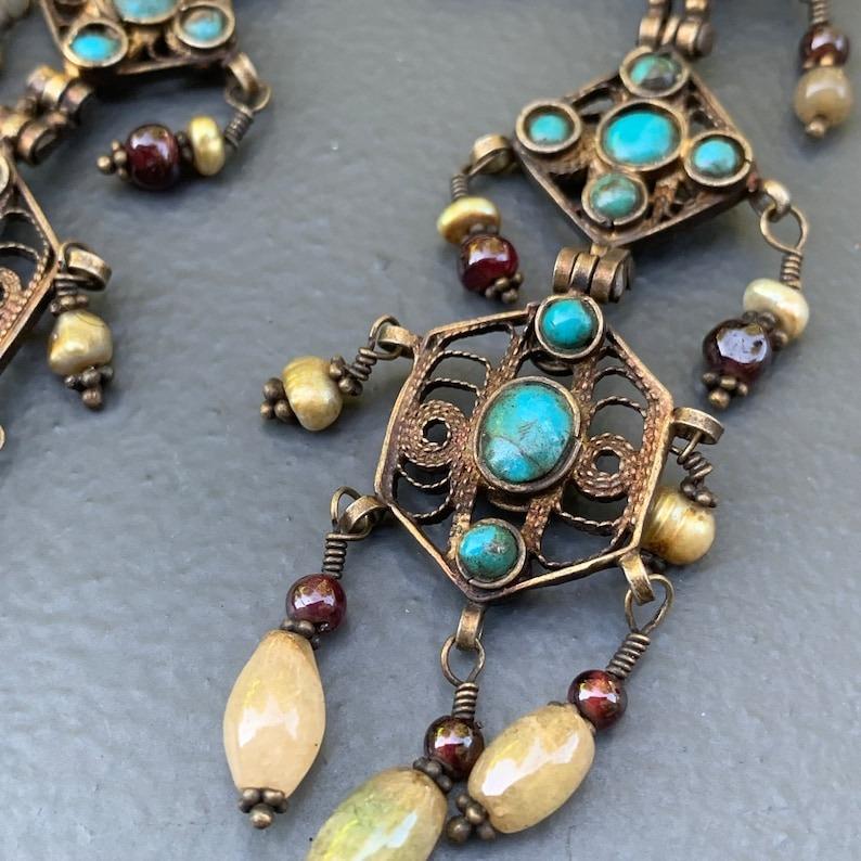 Tribal Gilt Silver gemstones Earrings Extra Long For Sale 2