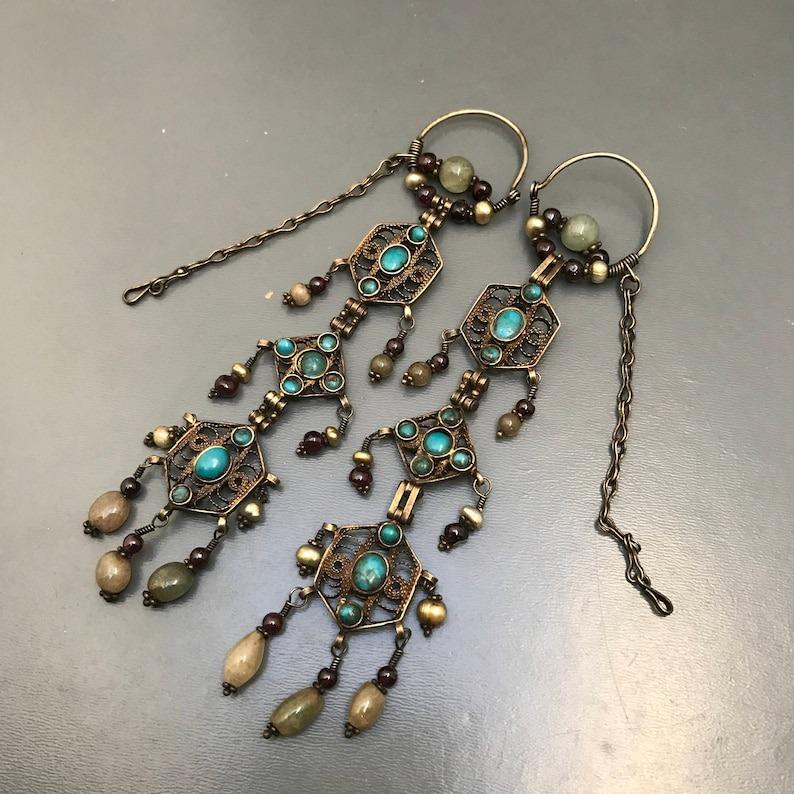 Tribal Gilt Silver gemstones Earrings Extra Long For Sale 3