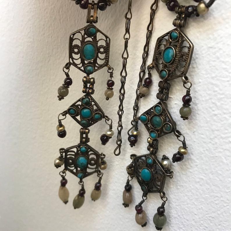 Tribal Gilt Silver gemstones Earrings Extra Long For Sale 4