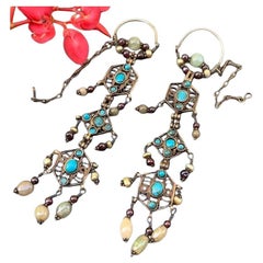 Tribal Gilt Silver gemstones Earrings Extra Long
