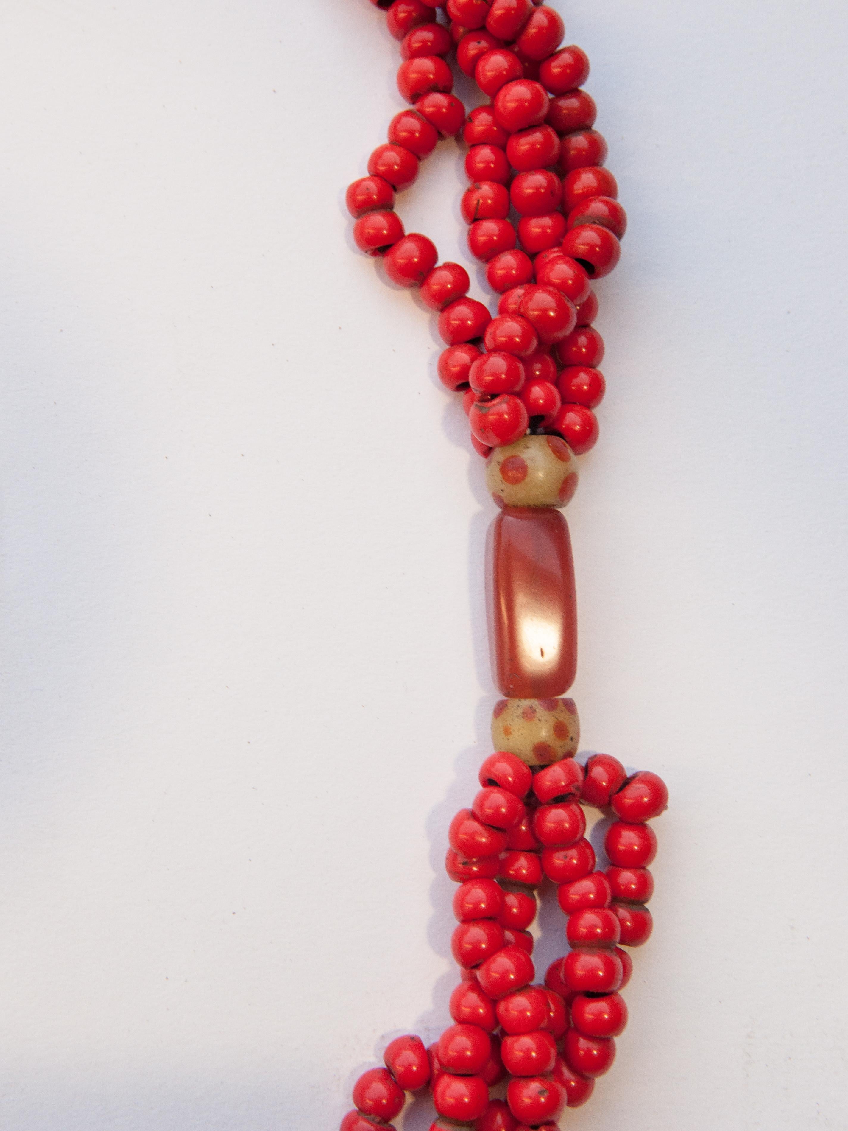 Beaded Tribal Glass & Carnelian Bead Necklace from Nagaland, NE India, Mid-20th Century