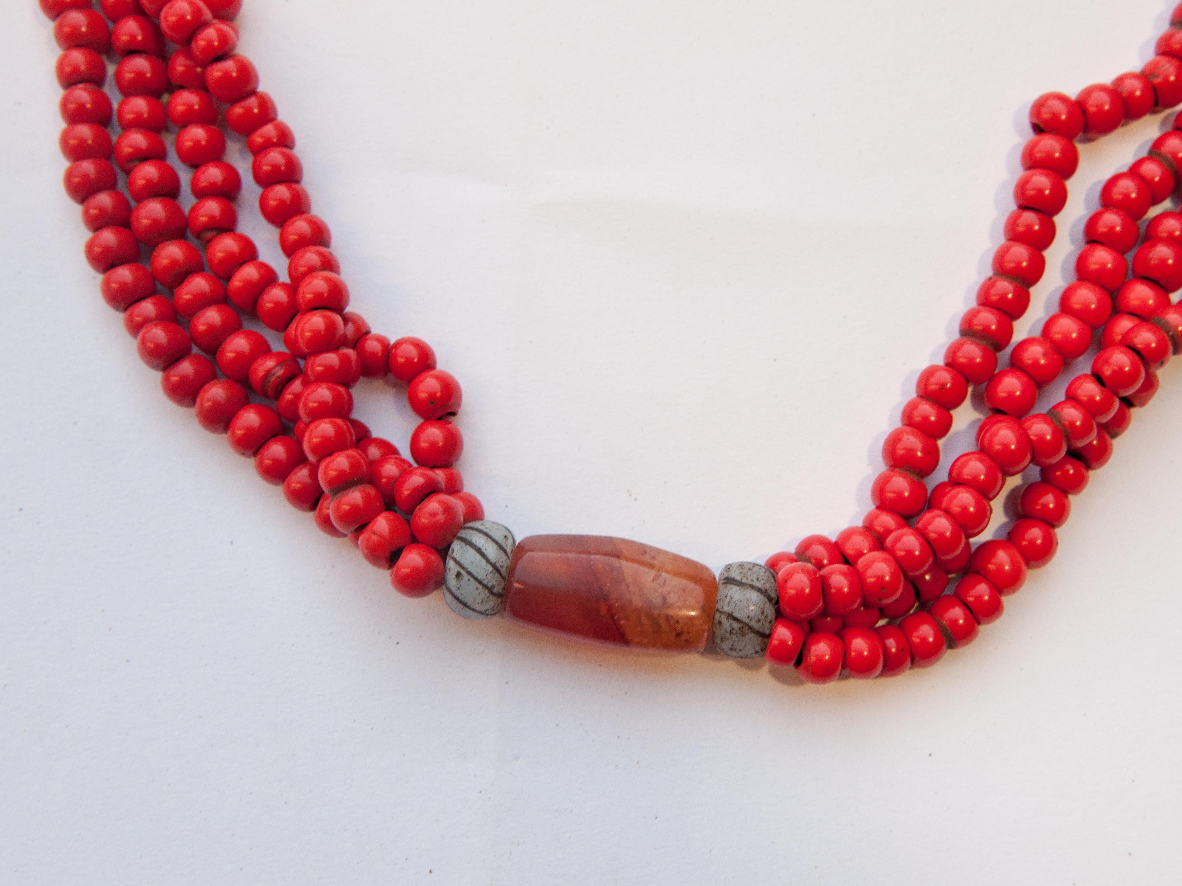 Tribal Glass & Carnelian Bead Necklace from Nagaland, NE India, Mid-20th Century In Good Condition In Point Richmond, CA