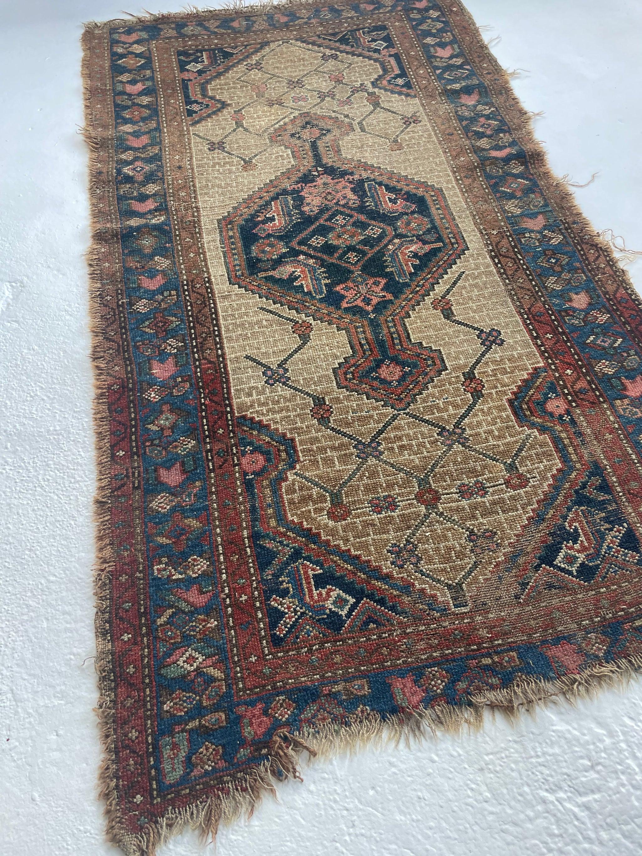 Lovely Worn Tribal Hamadan with Camel, Cashew, Ice & Denim Blues 

About: Love this aesthetic, amazing color palette with the neutrals and cool blues - lovely piece with pure wool foundation and pile - as nomadic as it gets

Size: 3.1 x 5.9
Age: