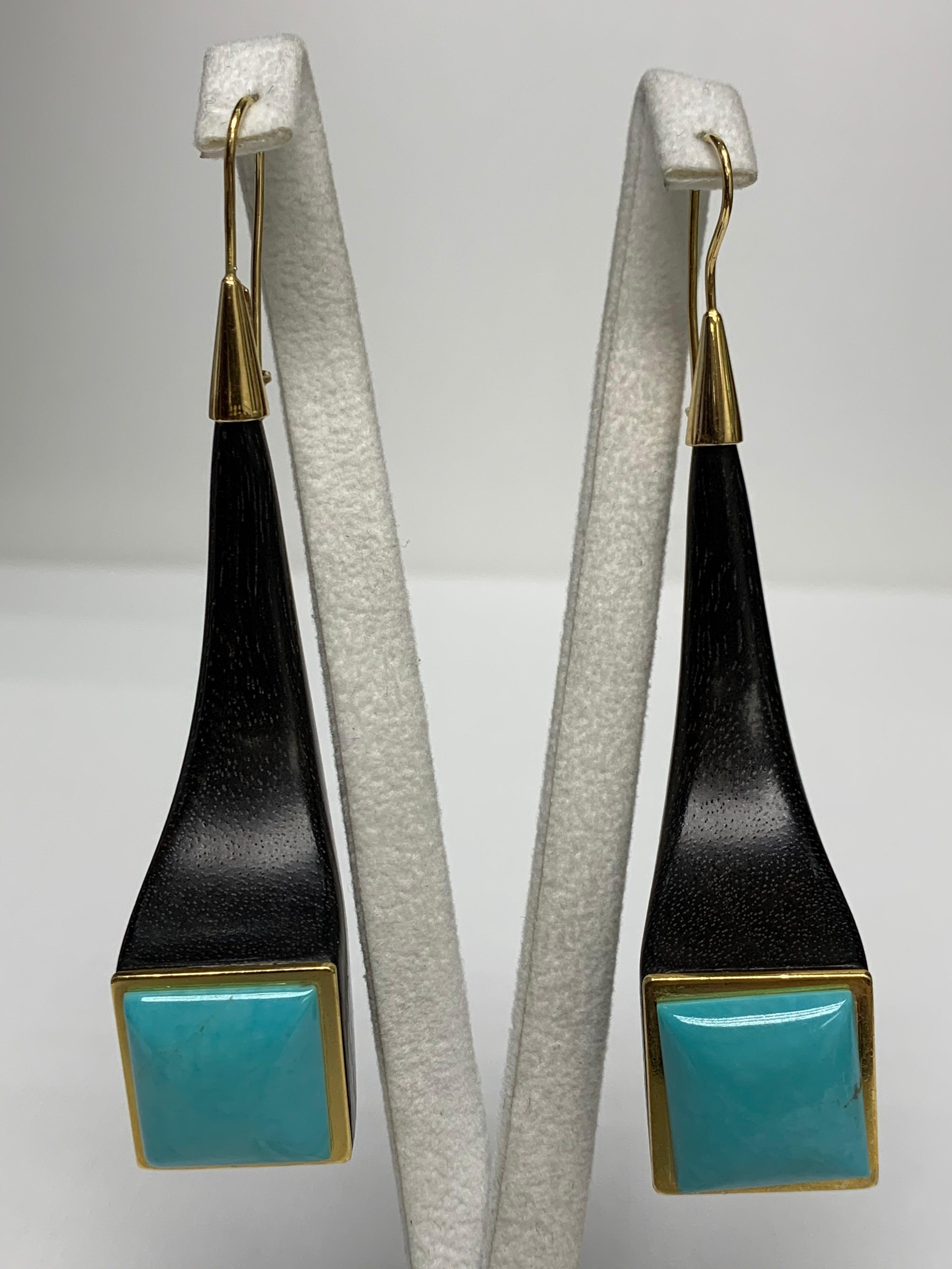 Artisan Ebony Wood and Turquoise Earrings For Sale