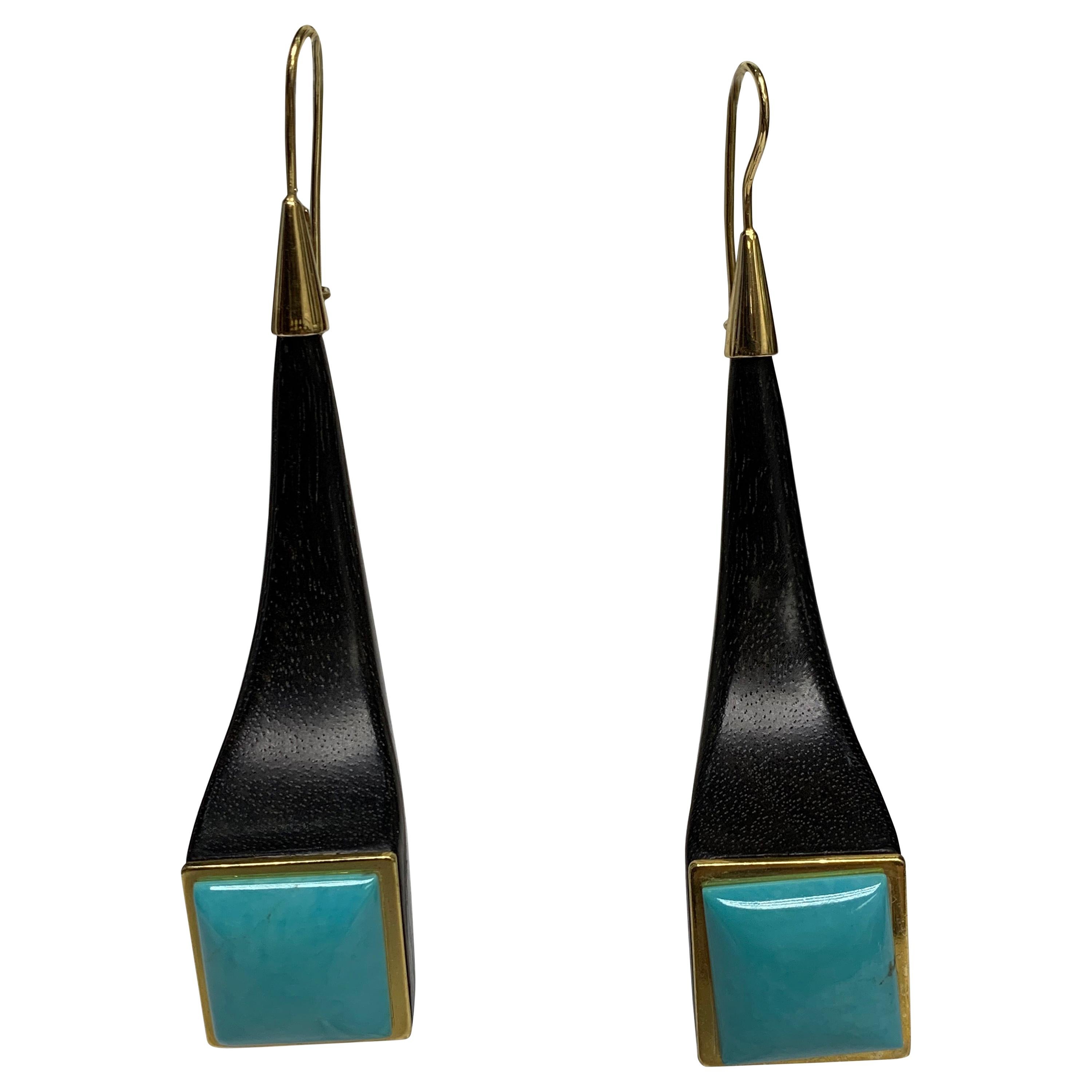 Ebony Wood and Turquoise Earrings For Sale