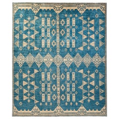 Tribal Hand Knotted Area Rug in Blue New Zealand Wool